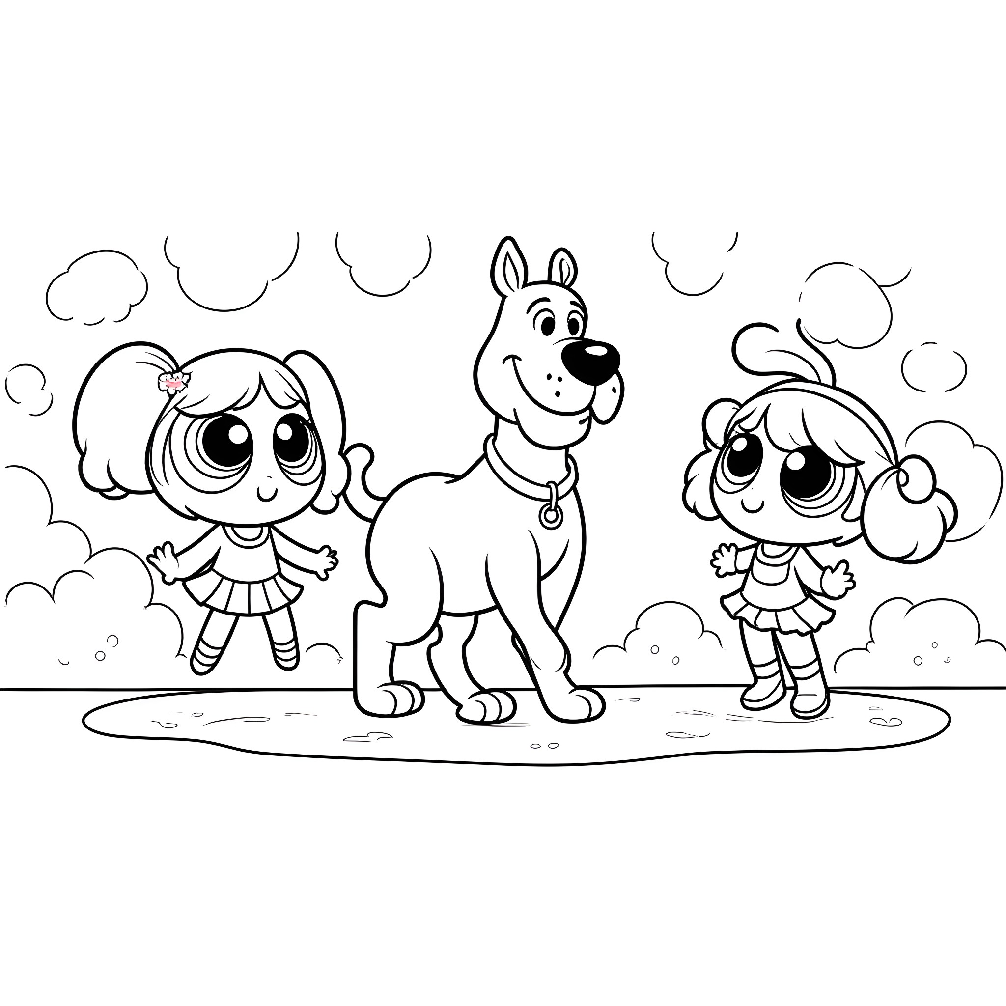Power Puff Girls playing with a dog in the park Coloring Page (free black-and-white line drawing printable PDF for all, from beginners to advanced learners, including children, teens, adults, and seniors)
