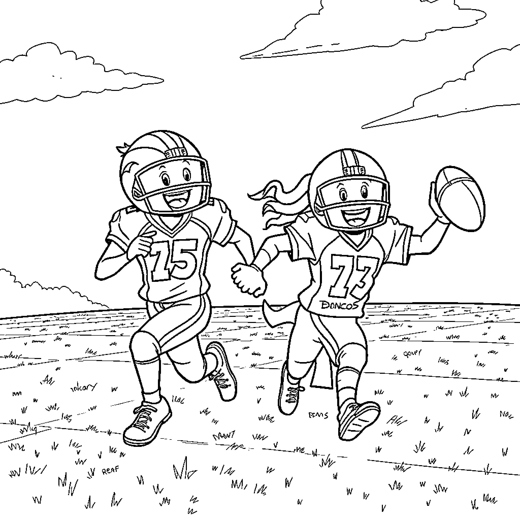 Bluey and friends playing football on the field Coloring Page (free black-and-white line drawing printable PDF for all, from beginners to advanced learners, including children, teens, adults, and seniors)