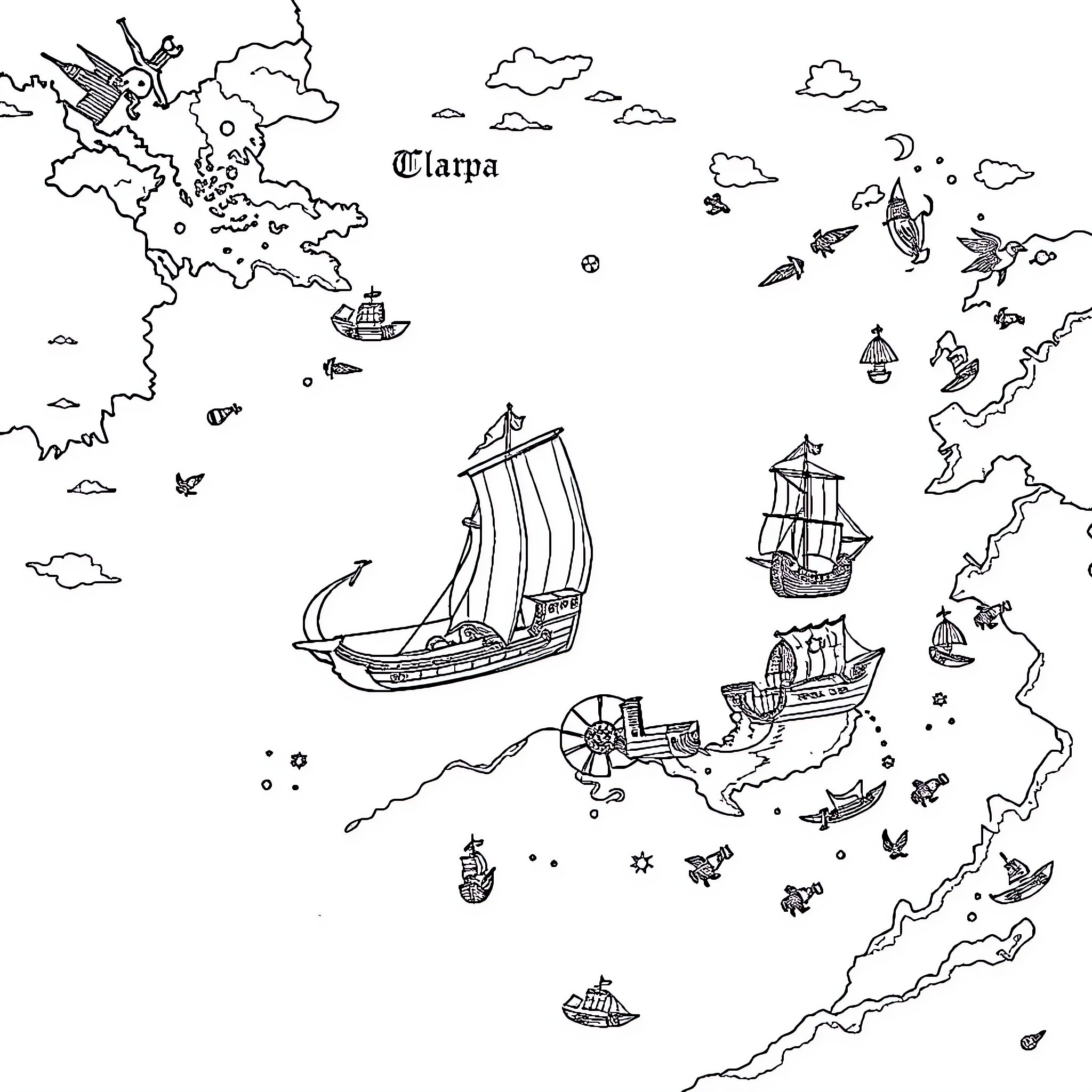 Map of maritime exploration and adventure Coloring Page (free black-and-white line drawing printable PDF for all, from beginners to advanced learners, including children, teens, adults, and seniors)