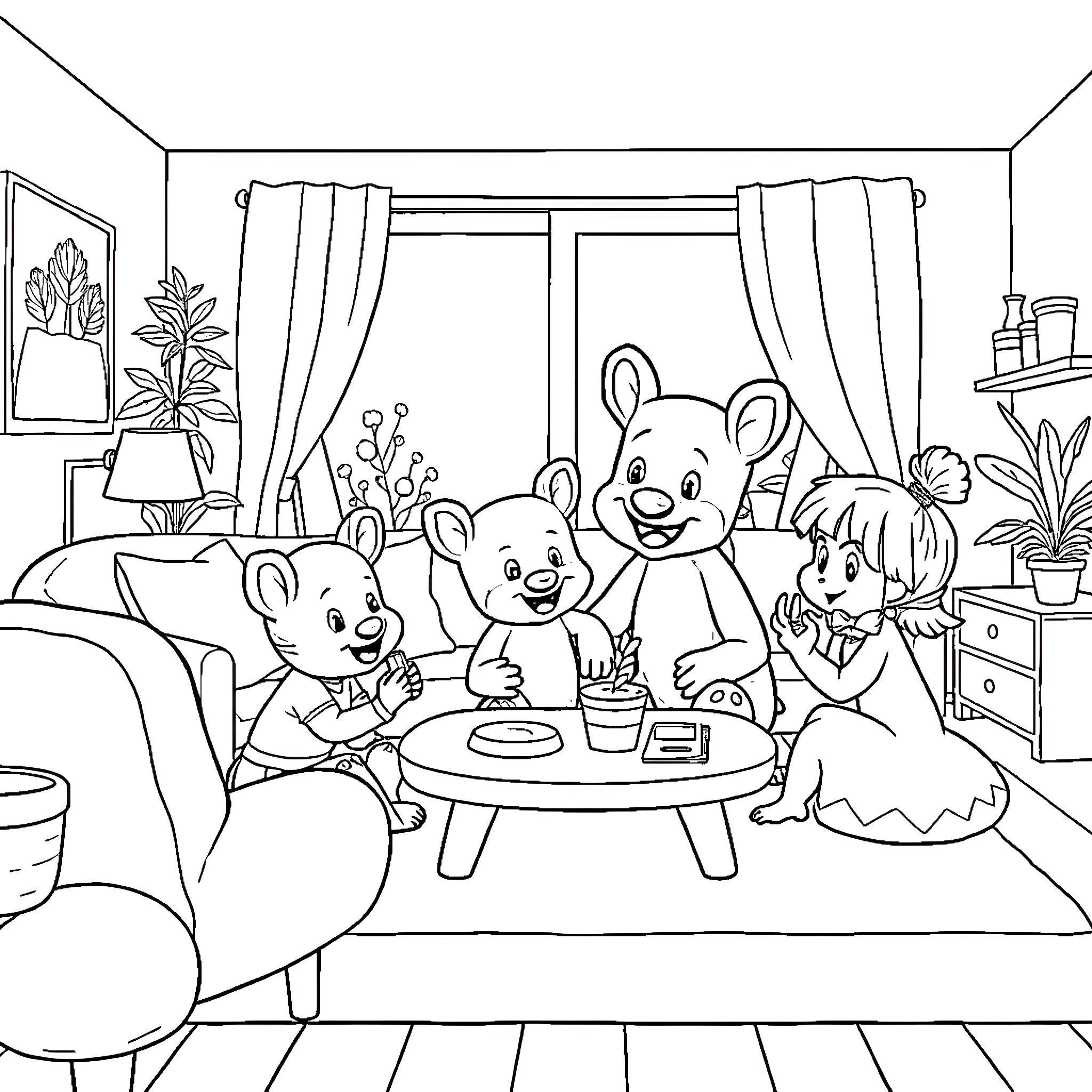 Bluey and family having fun indoors Coloring Page (free black-and-white line drawing printable PDF for all, from beginners to advanced learners, including children, teens, adults, and seniors)