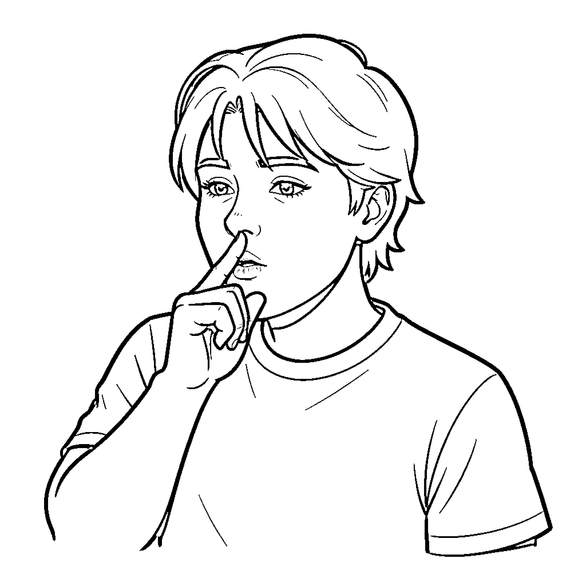 Finger held to lips for a quiet gesture Coloring Page (free black-and-white line drawing printable PDF for all, from beginners to advanced learners, including children, teens, adults, and seniors)