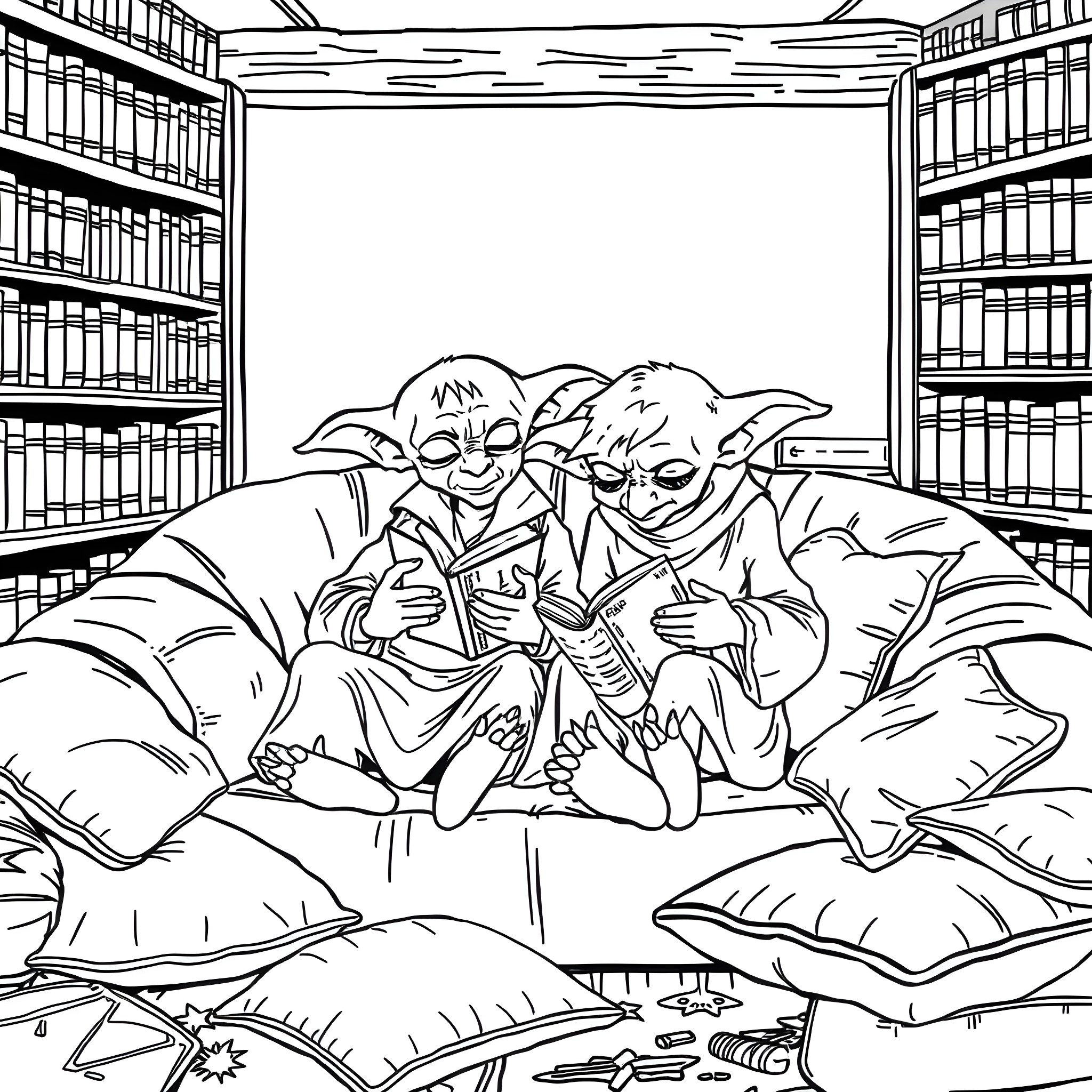 Dobby and friend exploring a cozy book nook Coloring Page (free black-and-white line drawing printable PDF for all, from beginners to advanced learners, including children, teens, adults, and seniors)