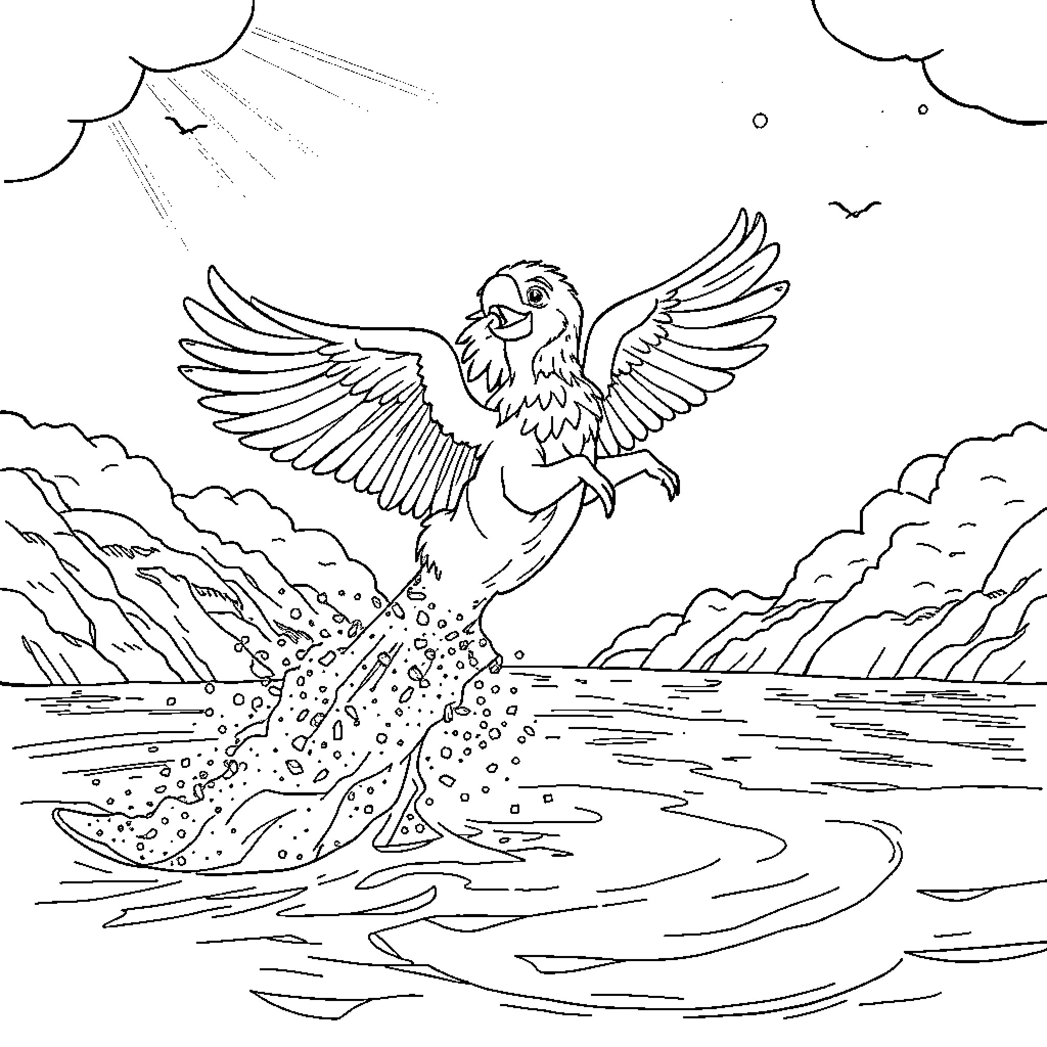 Dog soaring with wings over the ocean Coloring Page (free black-and-white line drawing printable PDF for all, from beginners to advanced learners, including children, teens, adults, and seniors)