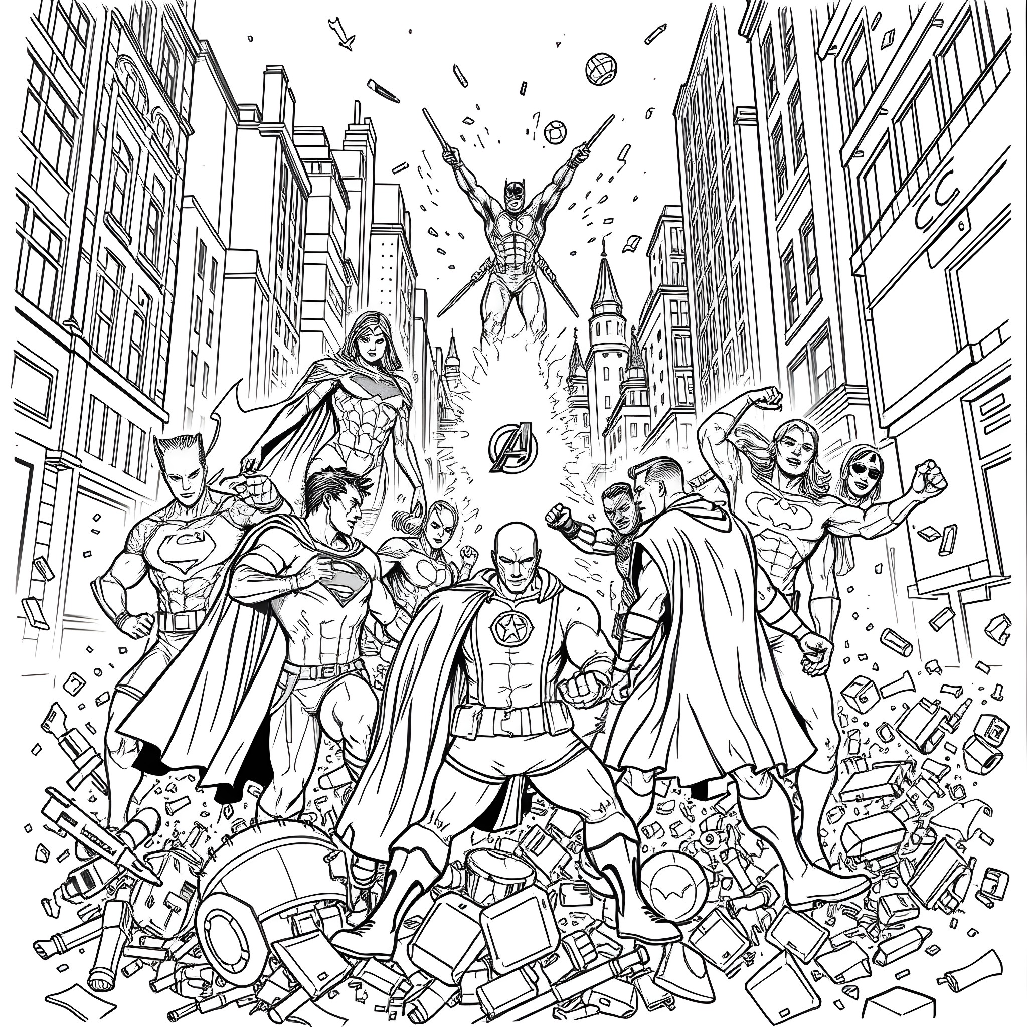 Justice League Heroic Gathering in the City Coloring Page (free black-and-white line drawing printable PDF for all, from beginners to advanced learners, including children, teens, adults, and seniors)