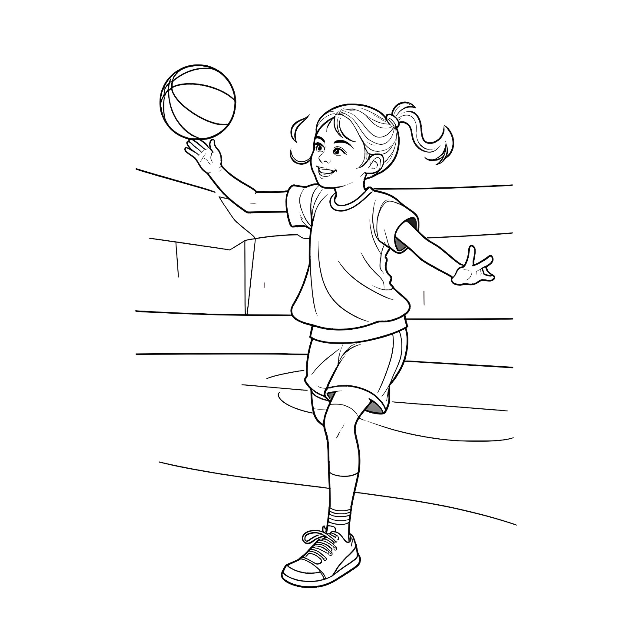 Girl dribbling basketball with joy on the court Coloring Page (free black-and-white line drawing printable PDF for all, from beginners to advanced learners, including children, teens, adults, and seniors)