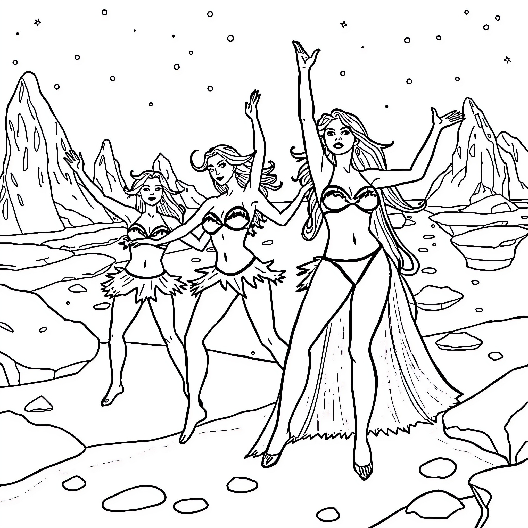 Dancers performing in a snowy landscape Coloring Page (free black-and-white line drawing printable PDF for all, from beginners to advanced learners, including children, teens, adults, and seniors)