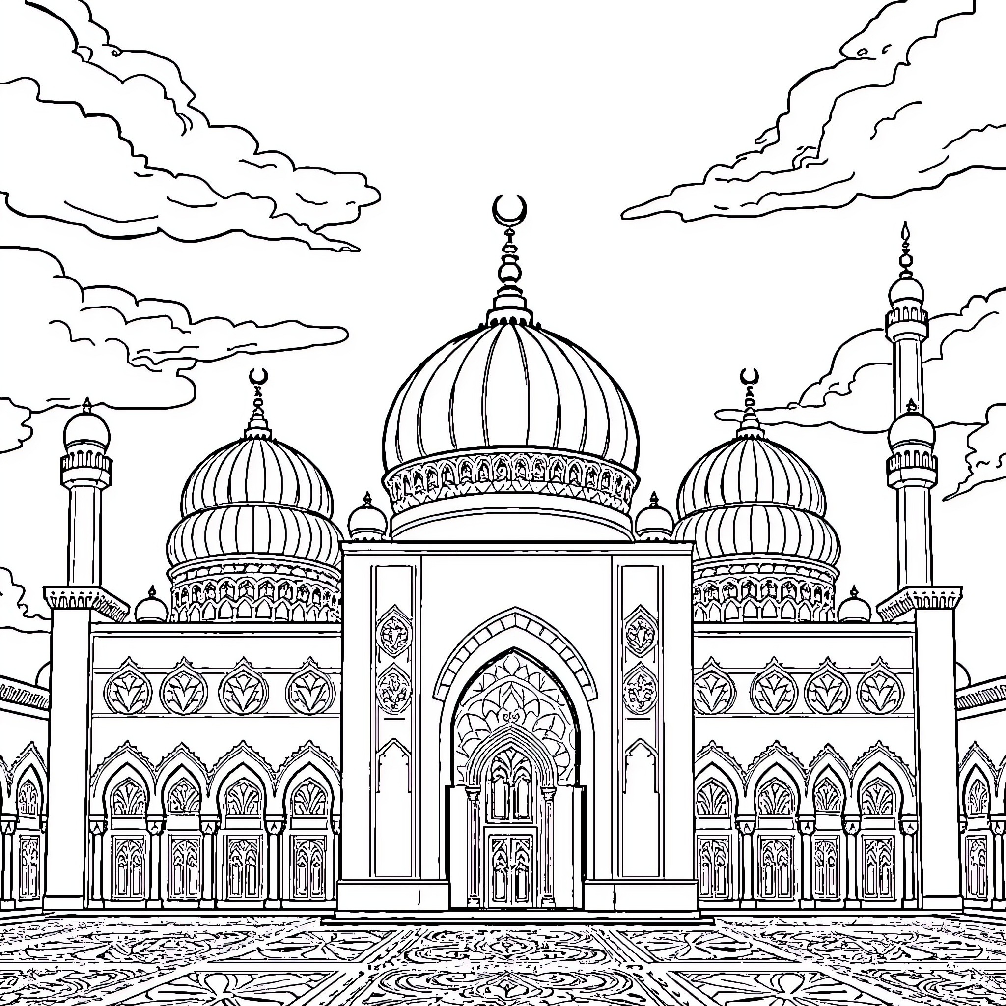 Islamic ornate mosque with domed architecture and minarets Coloring Page (free black-and-white line drawing printable PDF for all, from beginners to advanced learners, including children, teens, adults, and seniors)