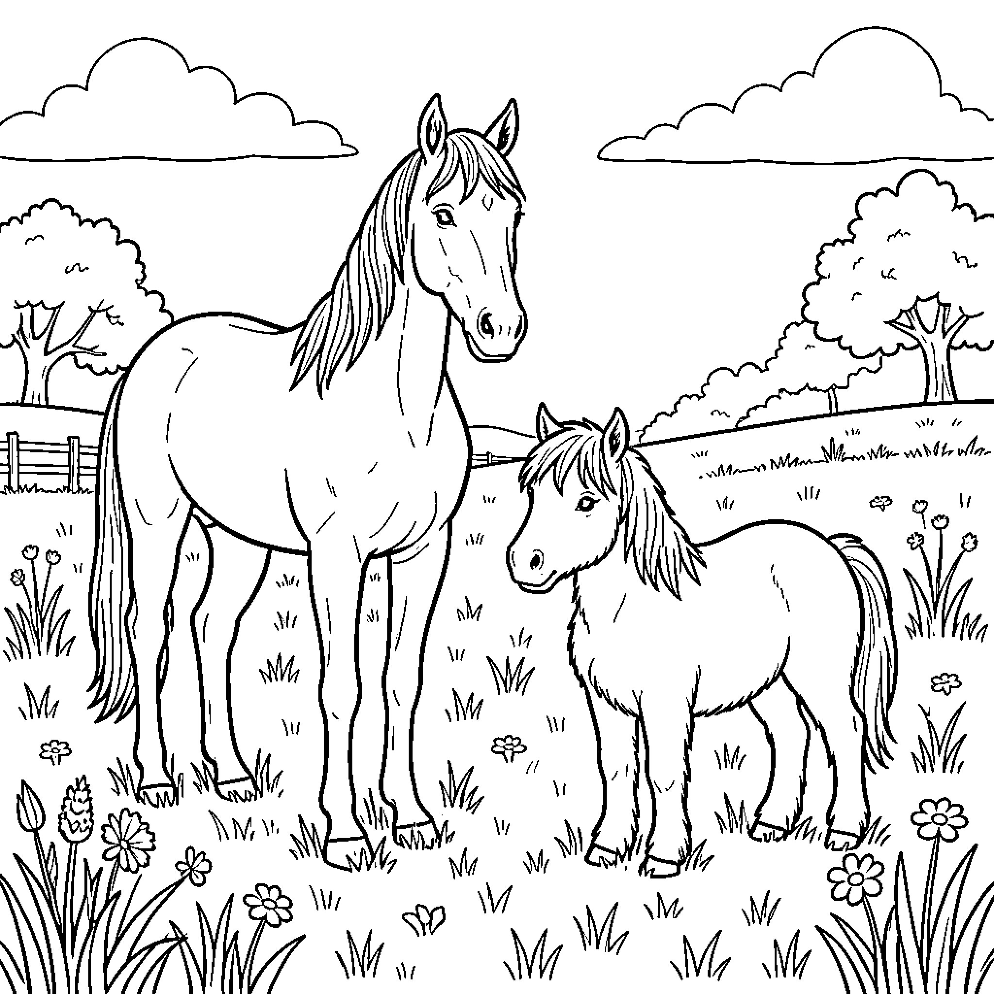 Horse and foal standing together in a meadow Coloring Page (free black-and-white line drawing printable PDF for all, from beginners to advanced learners, including children, teens, adults, and seniors)
