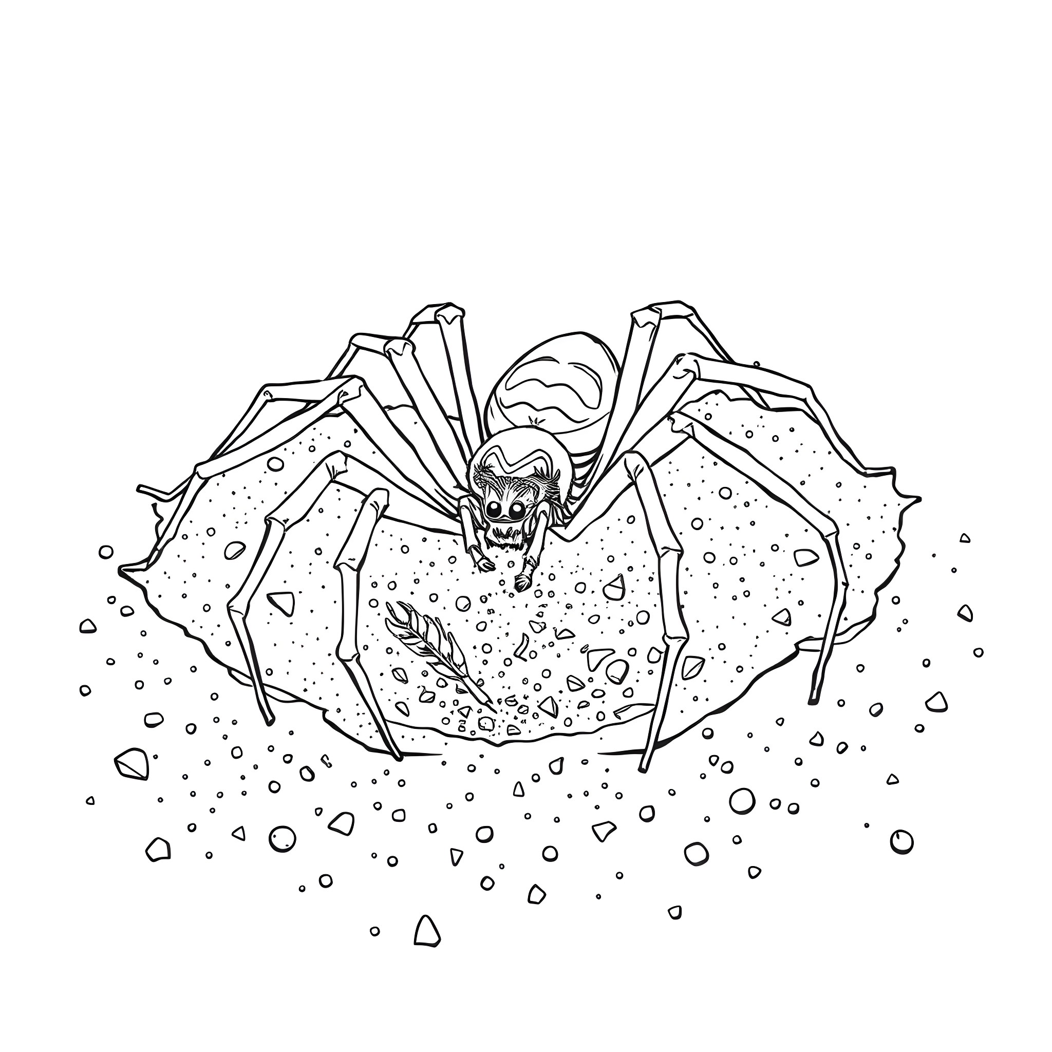 Spider Crawling Menacingly on Rocky Surface Coloring Page (free black-and-white line drawing printable PDF for all, from beginners to advanced learners, including children, teens, adults, and seniors)