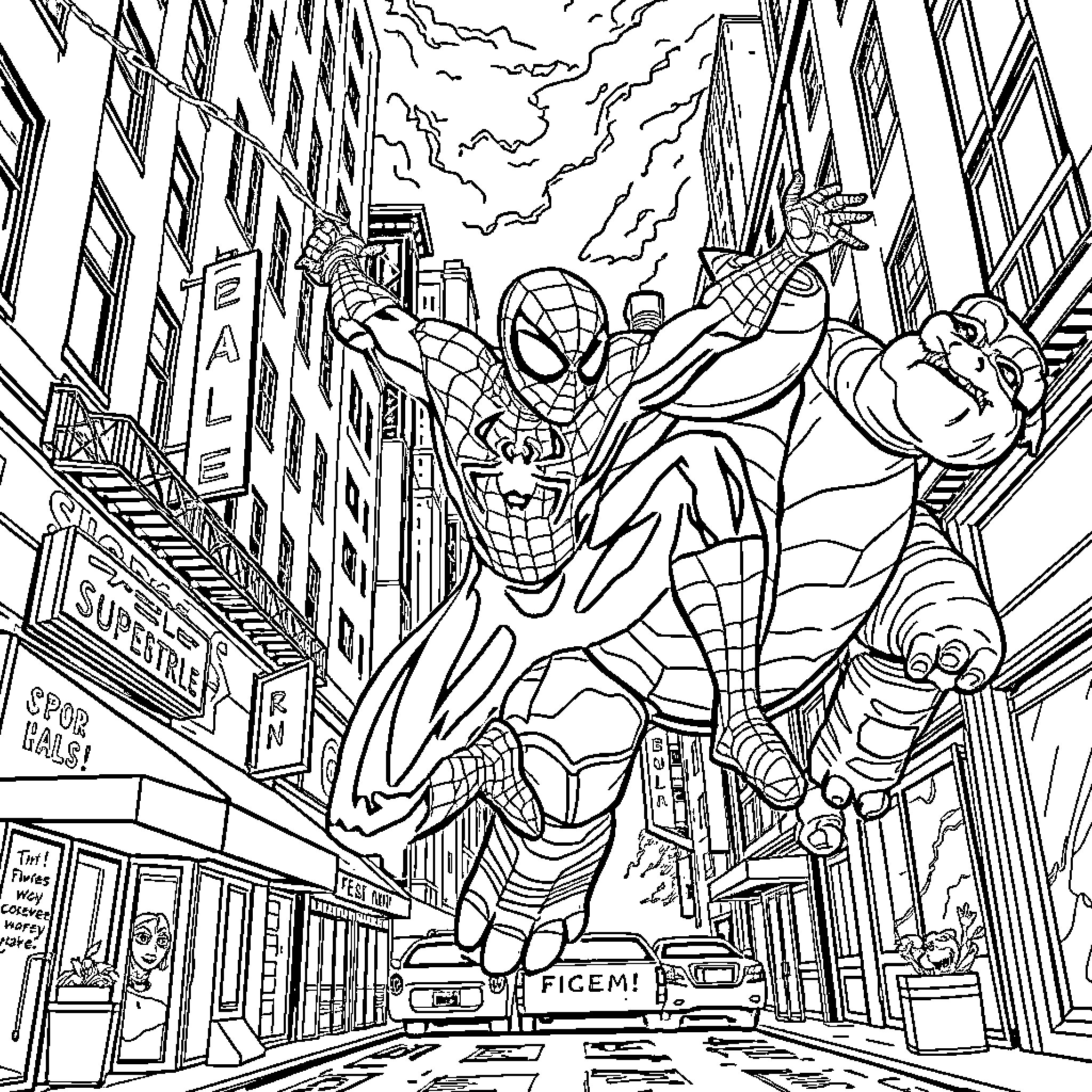 Spiderman swinging through the city in action Coloring Page (free black-and-white line drawing printable PDF for all, from beginners to advanced learners, including children, teens, adults, and seniors)