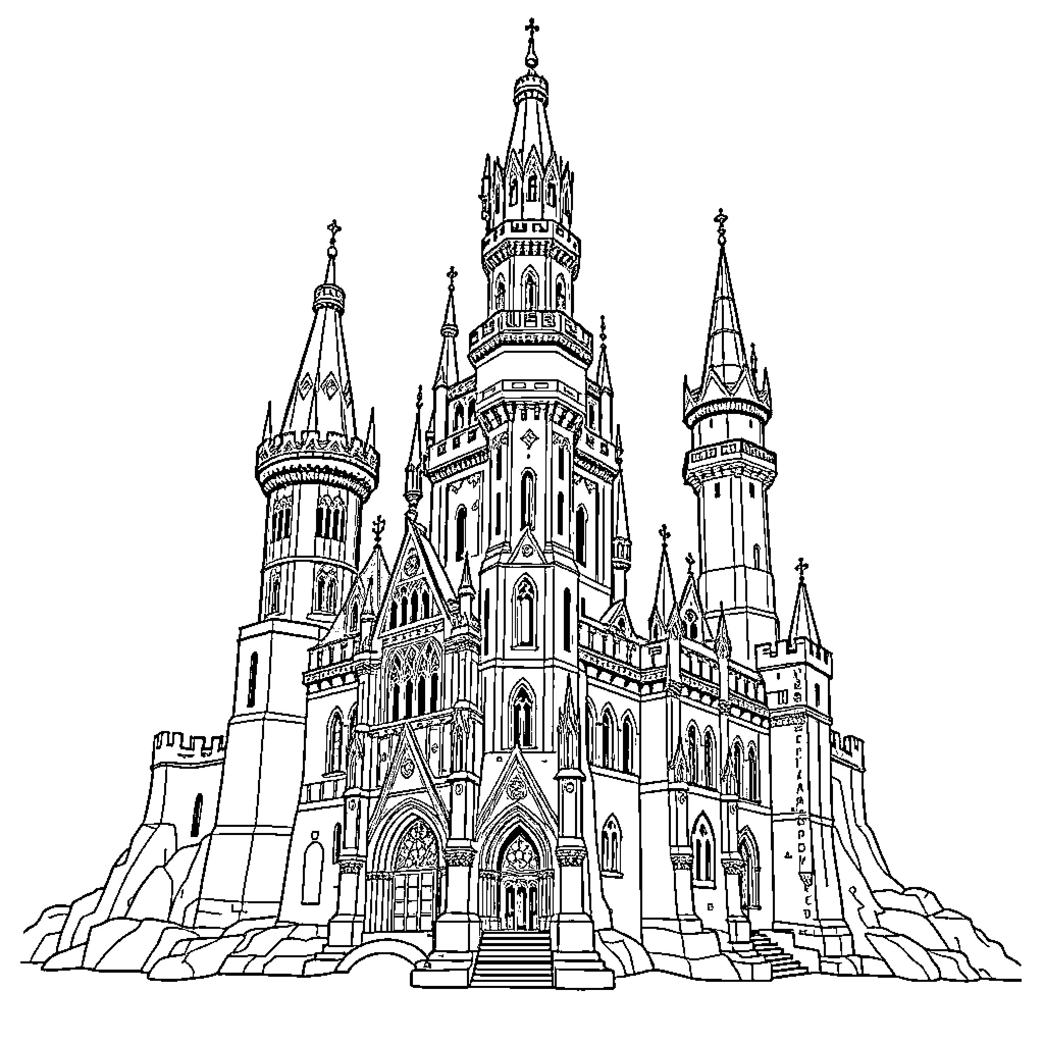 Castle with ornate towers and spires Coloring Page (free black-and-white line drawing printable PDF for all, from beginners to advanced learners, including children, teens, adults, and seniors)