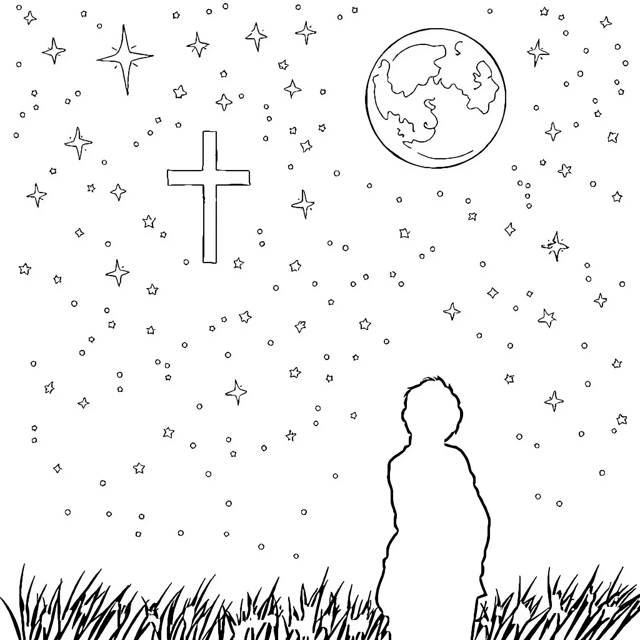 Night Sky with Cross and Silhouette Figure Coloring Page (free black-and-white line drawing printable PDF for all, from beginners to advanced learners, including children, teens, adults, and seniors)