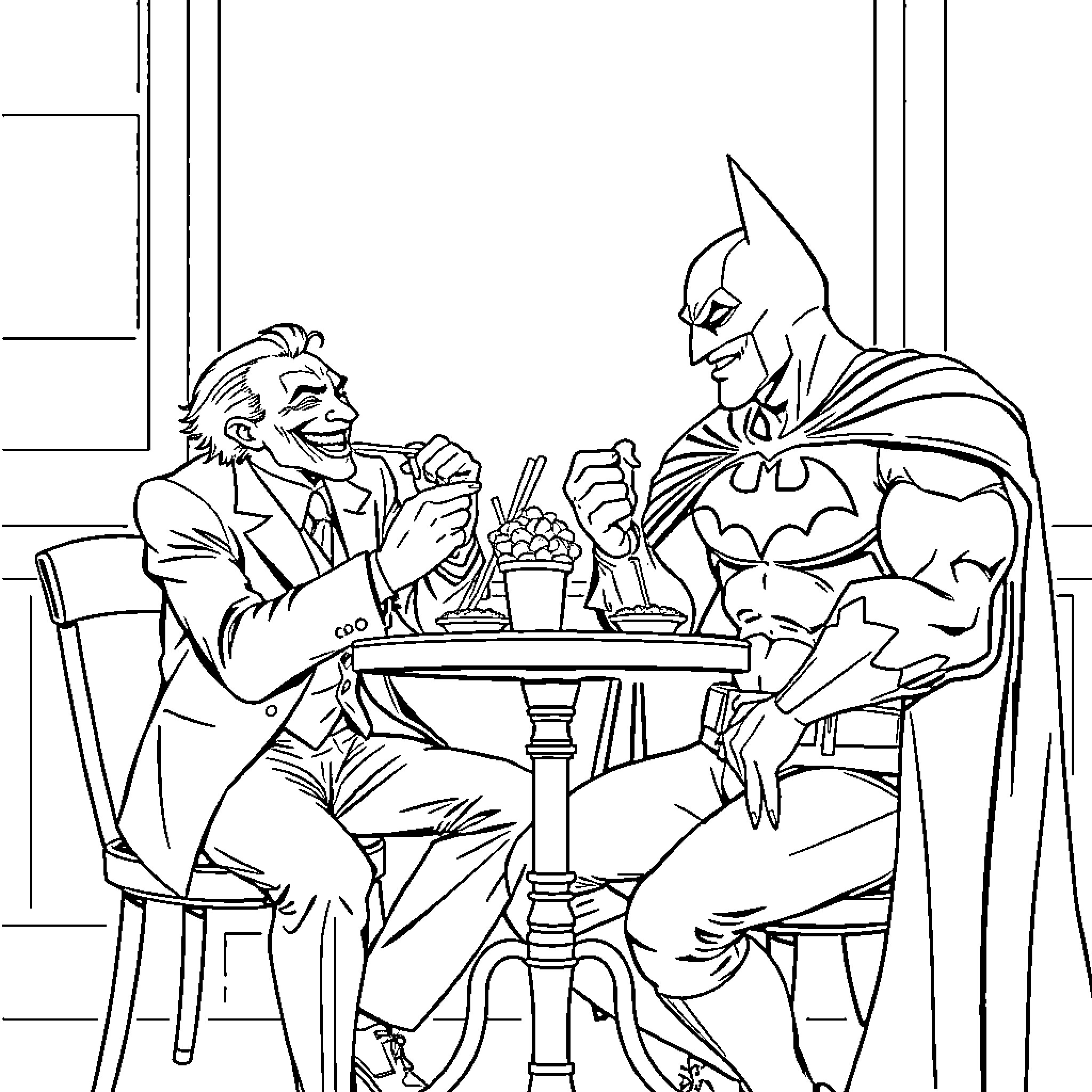 Joker and Batman having an intense conversation Coloring Page (free black-and-white line drawing printable PDF for all, from beginners to advanced learners, including children, teens, adults, and seniors)