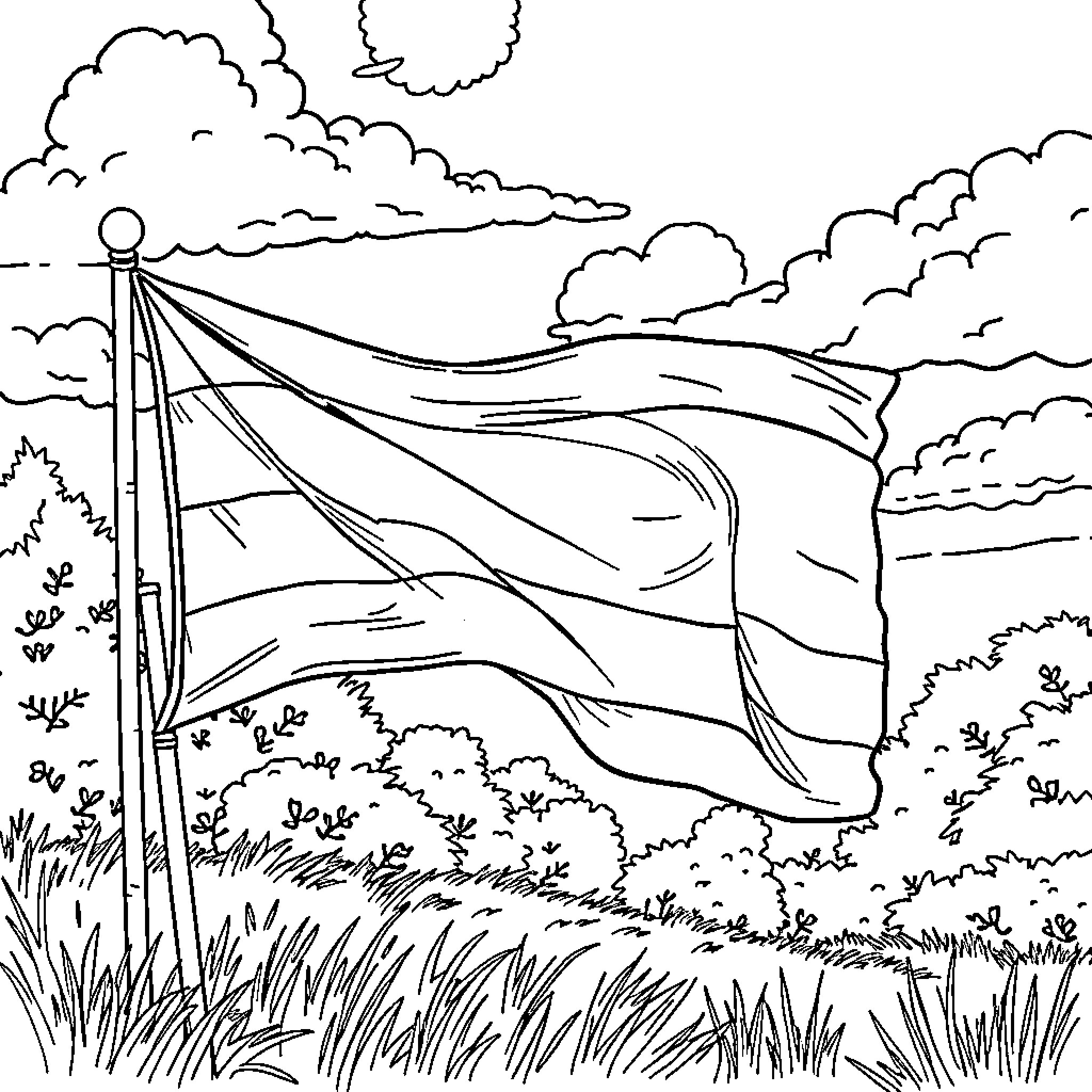 Autistic Flag waving in the wind amidst a scenic landscape Coloring Page (free black-and-white line drawing printable PDF for all, from beginners to advanced learners, including children, teens, adults, and seniors)
