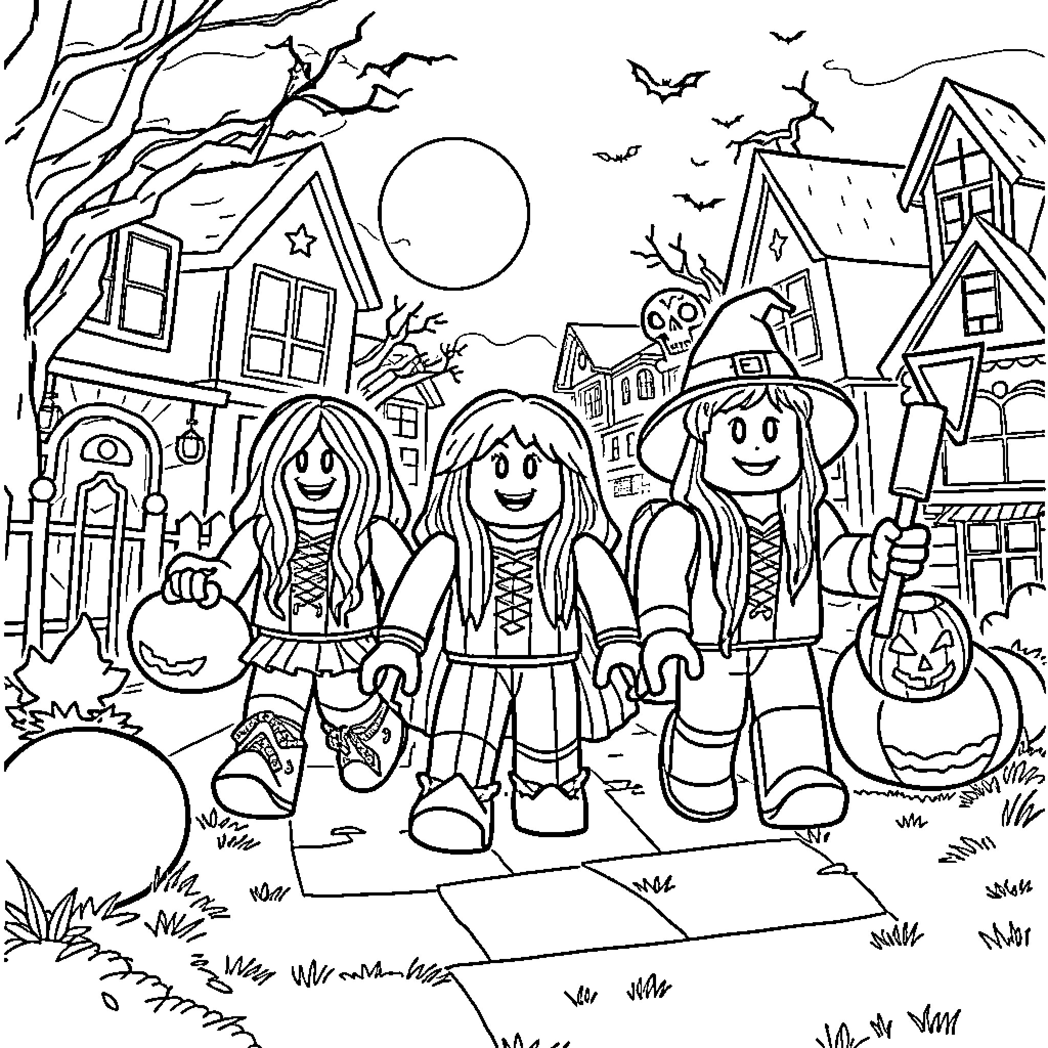 Roblox Rainbow Friends Trick-or-Treating on Halloween Night Coloring Page (free black-and-white line drawing printable PDF for all, from beginners to advanced learners, including children, teens, adults, and seniors)