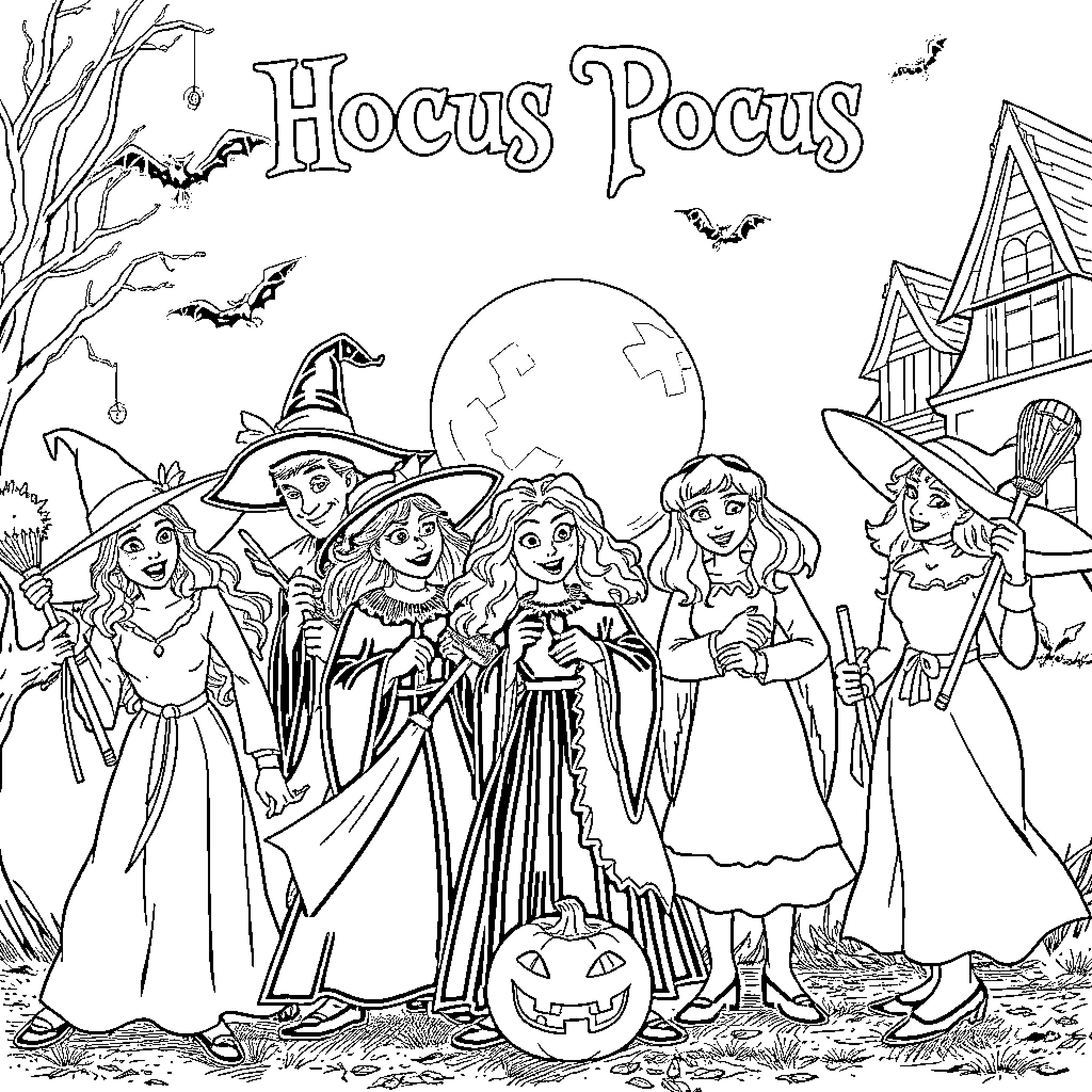 Hocus Pocus Witches and Friends in Halloween Scene Coloring Page (free black-and-white line drawing printable PDF for all, from beginners to advanced learners, including children, teens, adults, and seniors)