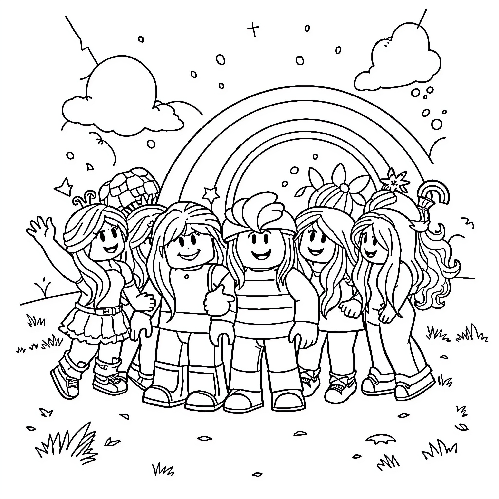 Rainbow Friend Celebrate Friendship in Nature Coloring Page (free black-and-white line drawing printable PDF for all, from beginners to advanced learners, including children, teens, adults, and seniors)