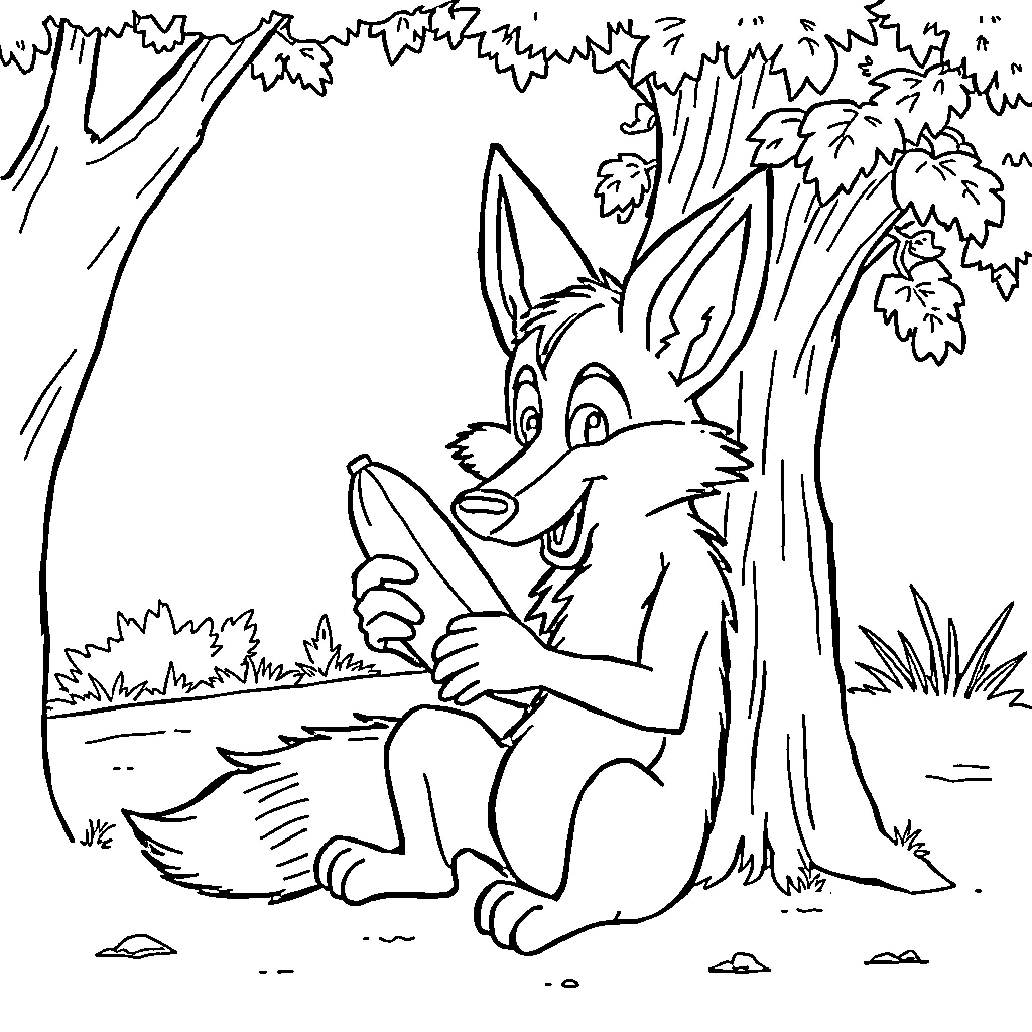 Coyote reading a book in the forest Coloring Page (free black-and-white line drawing printable PDF for all, from beginners to advanced learners, including children, teens, adults, and seniors)
