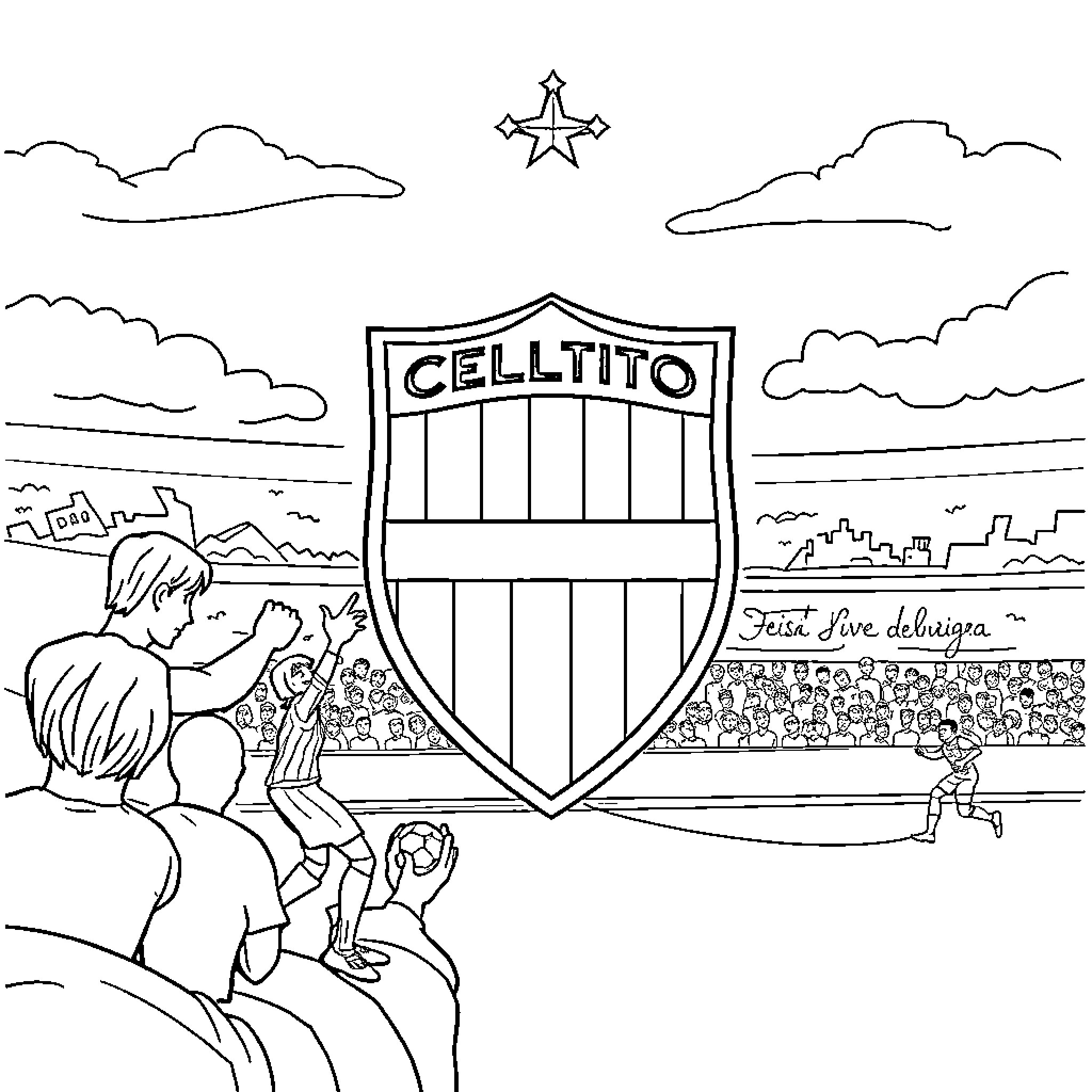 Celta de Vigo supporters cheering at the stadium Coloring Page (free black-and-white line drawing printable PDF for all, from beginners to advanced learners, including children, teens, adults, and seniors)