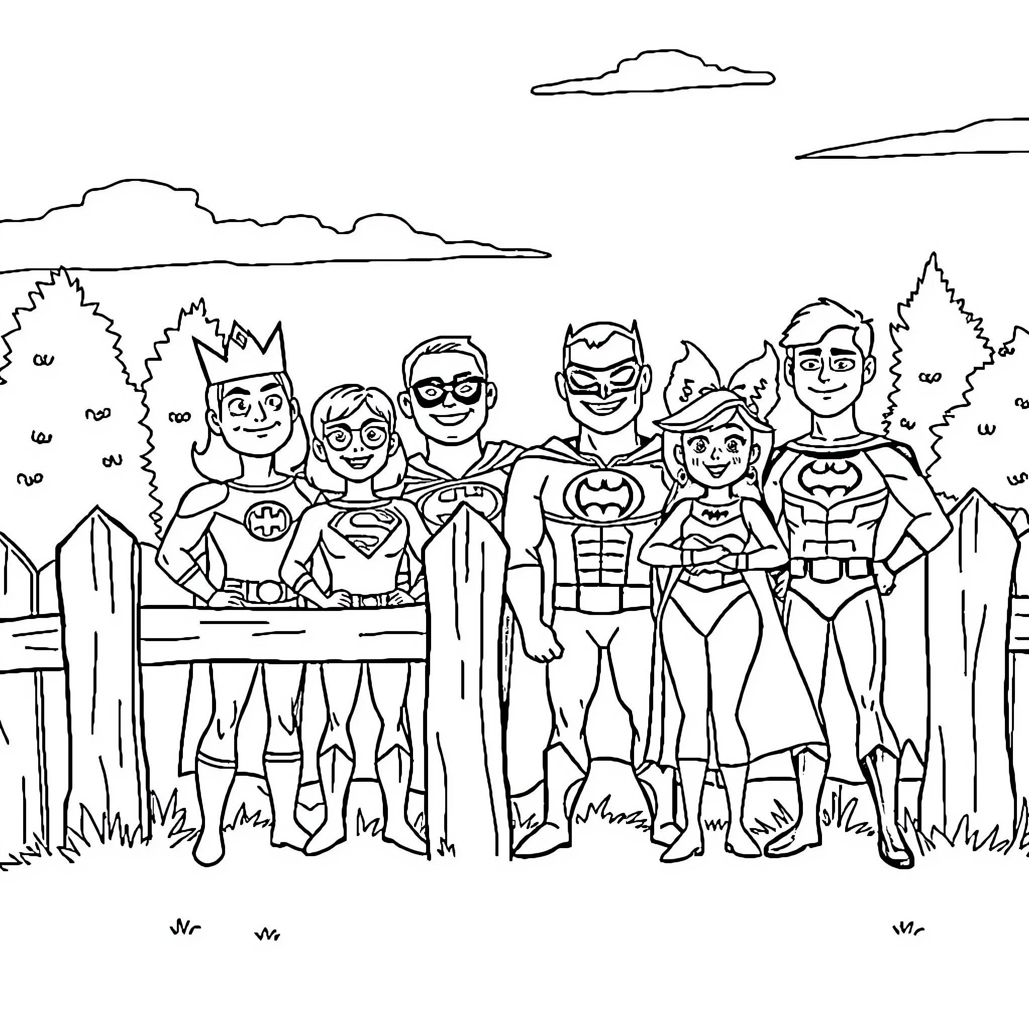 King of the Hill: Superheroes Assembled on the Fence Coloring Page (free black-and-white line drawing printable PDF for all, from beginners to advanced learners, including children, teens, adults, and seniors)