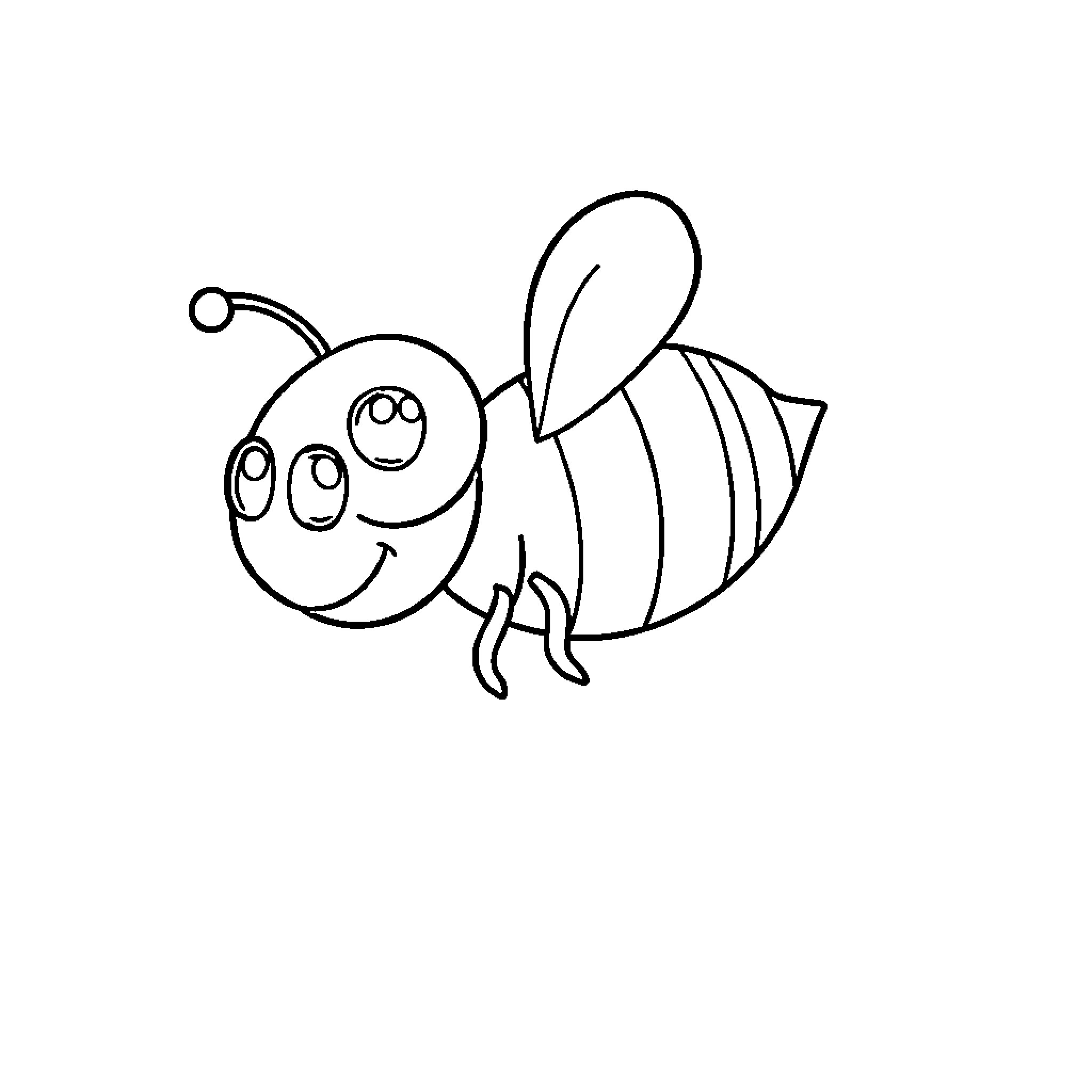 Bee flying with happy expression Coloring Page (free black-and-white line drawing printable PDF for all, from beginners to advanced learners, including children, teens, adults, and seniors)