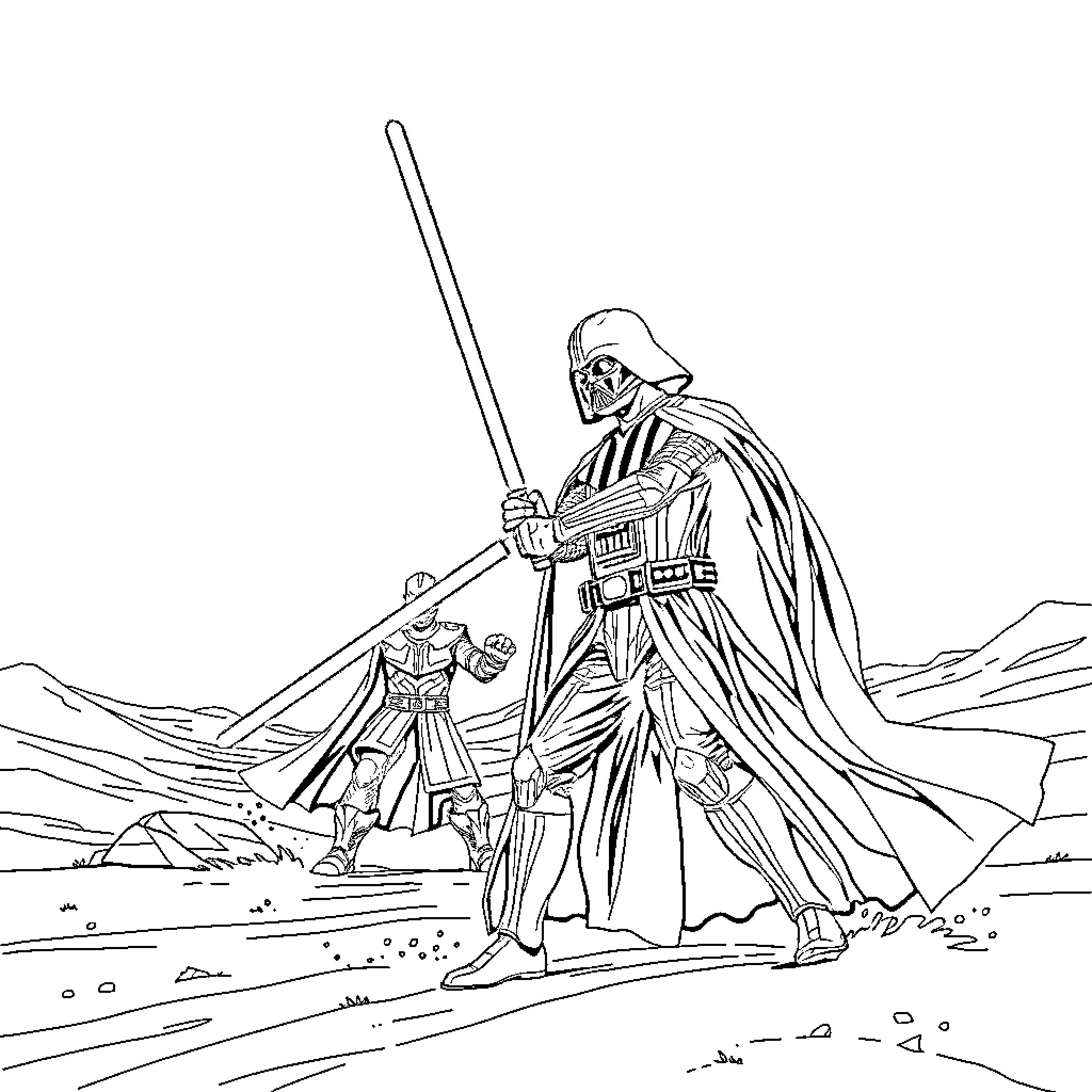 Darth Vader confronting a Jedi Knight Coloring Page (free black-and-white line drawing printable PDF for all, from beginners to advanced learners, including children, teens, adults, and seniors)