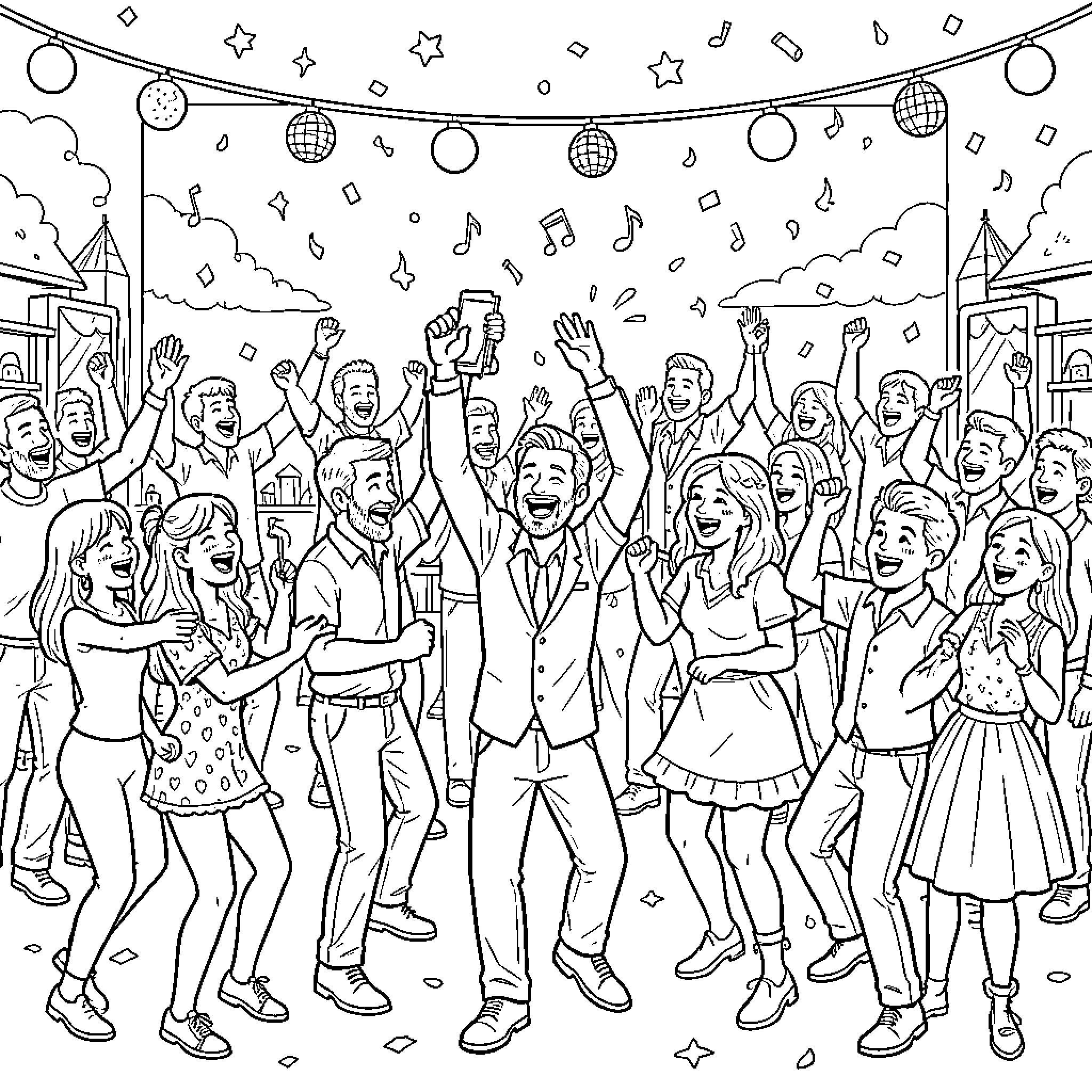 Ole people dancing and celebrating at a party Coloring Page (free black-and-white line drawing printable PDF for all, from beginners to advanced learners, including children, teens, adults, and seniors)