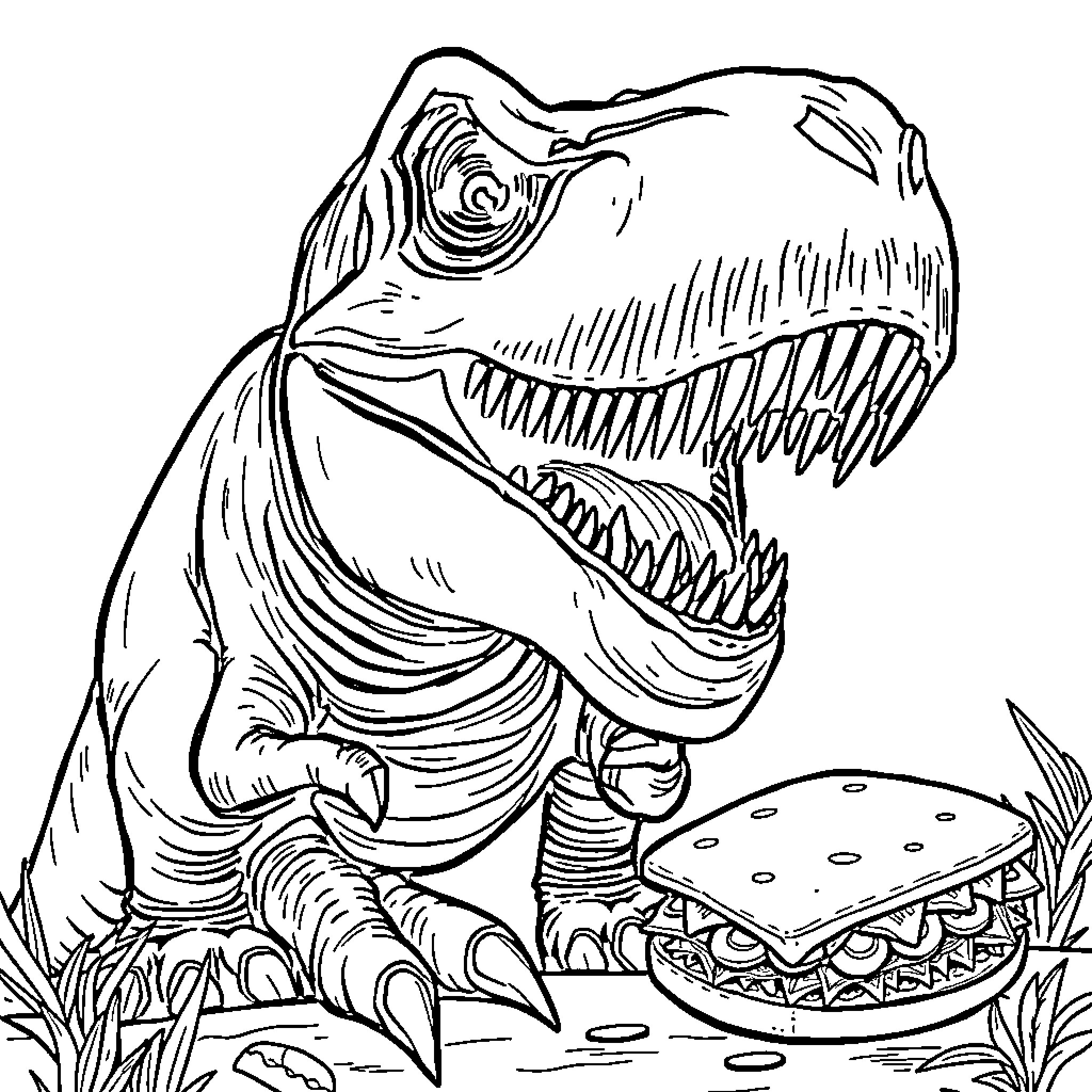 T-Rex devouring a giant mushroom in the wild Coloring Page (free black-and-white line drawing printable PDF for all, from beginners to advanced learners, including children, teens, adults, and seniors)
