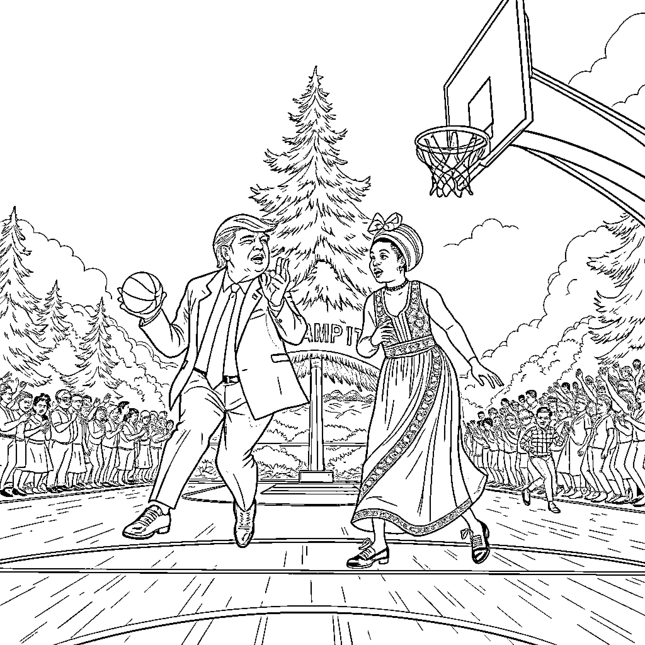 Donald Trump playing basketball with Melania in the park Coloring Page (free black-and-white line drawing printable PDF for all, from beginners to advanced learners, including children, teens, adults, and seniors)
