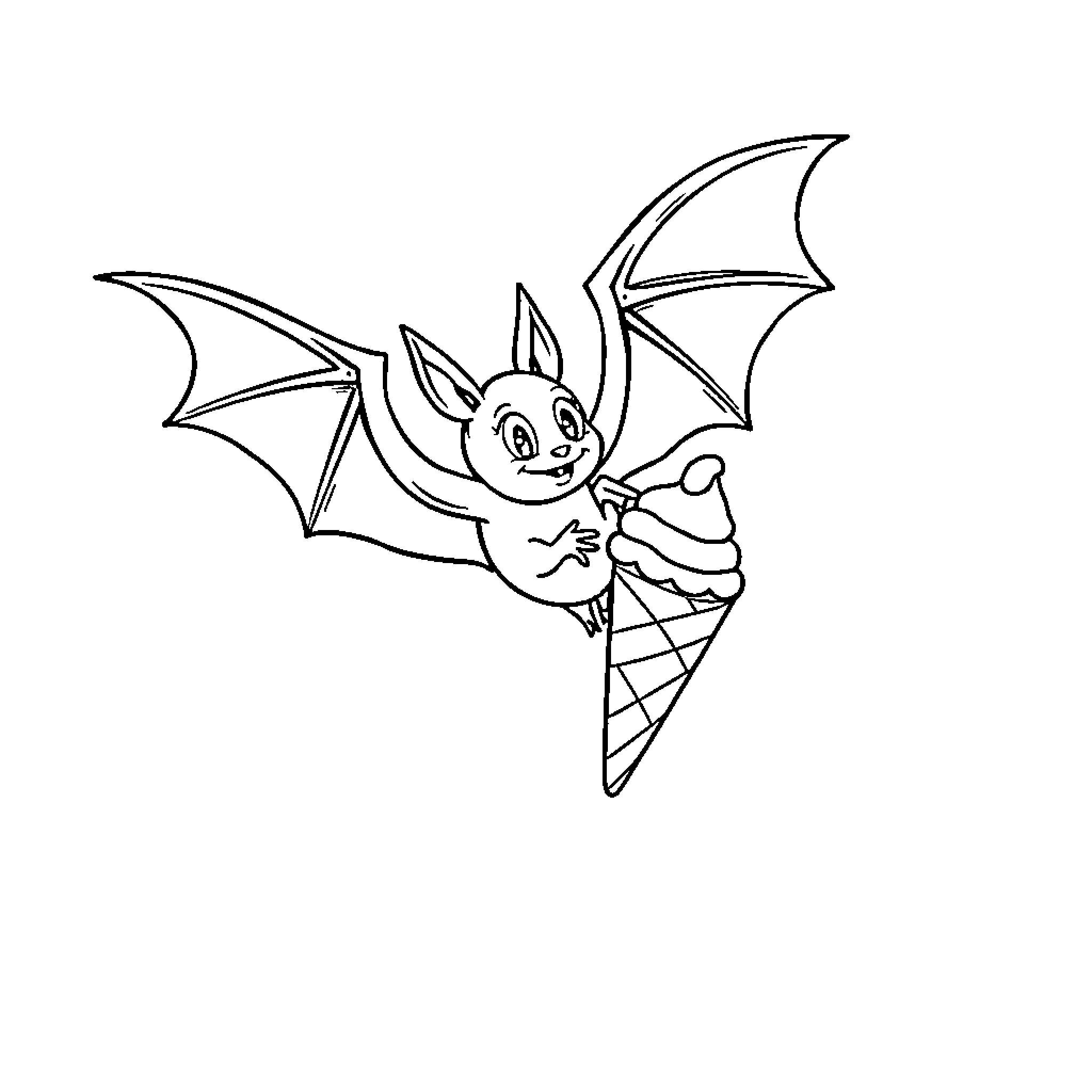 Bat enjoying a sweet ice cream treat Coloring Page (free black-and-white line drawing printable PDF for all, from beginners to advanced learners, including children, teens, adults, and seniors)
