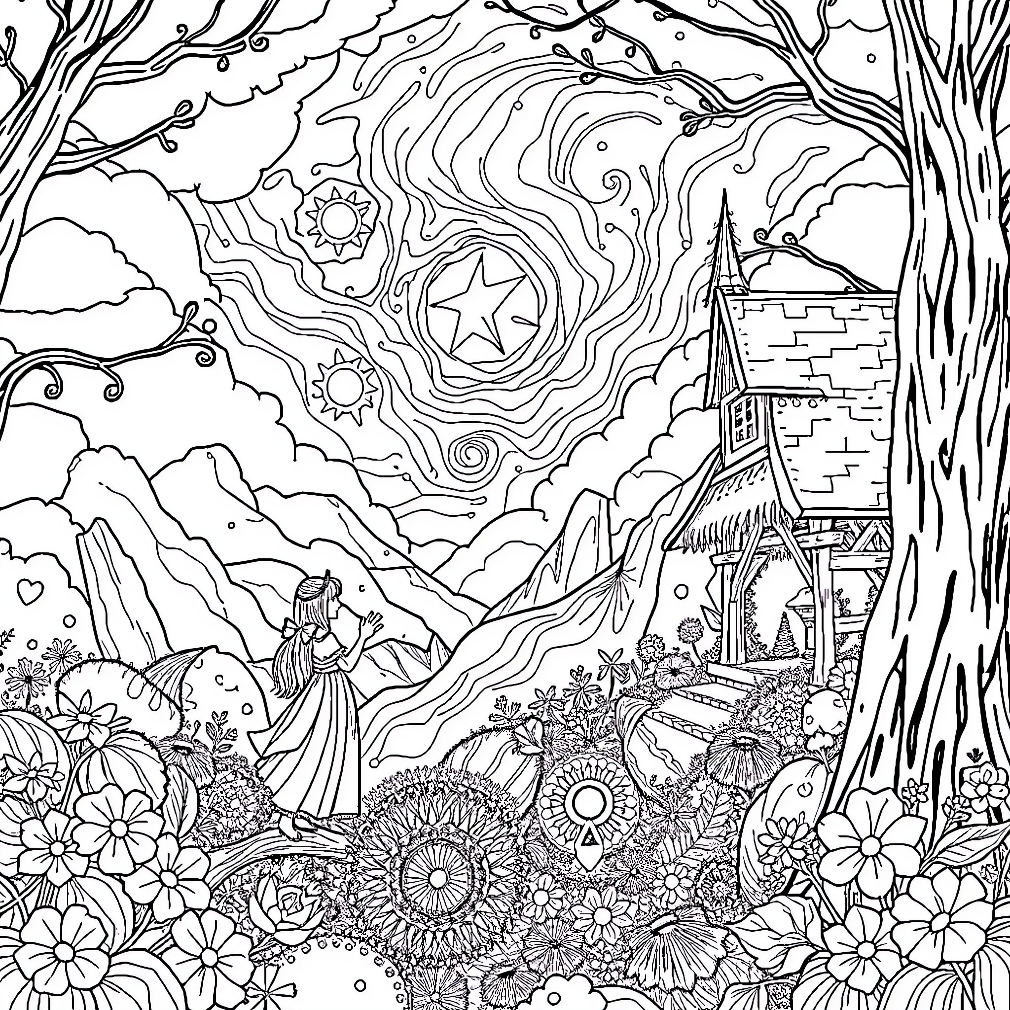 Spellbound Adventure in a Whimsical Landscape Coloring Page (free black-and-white line drawing printable PDF for all, from beginners to advanced learners, including children, teens, adults, and seniors)