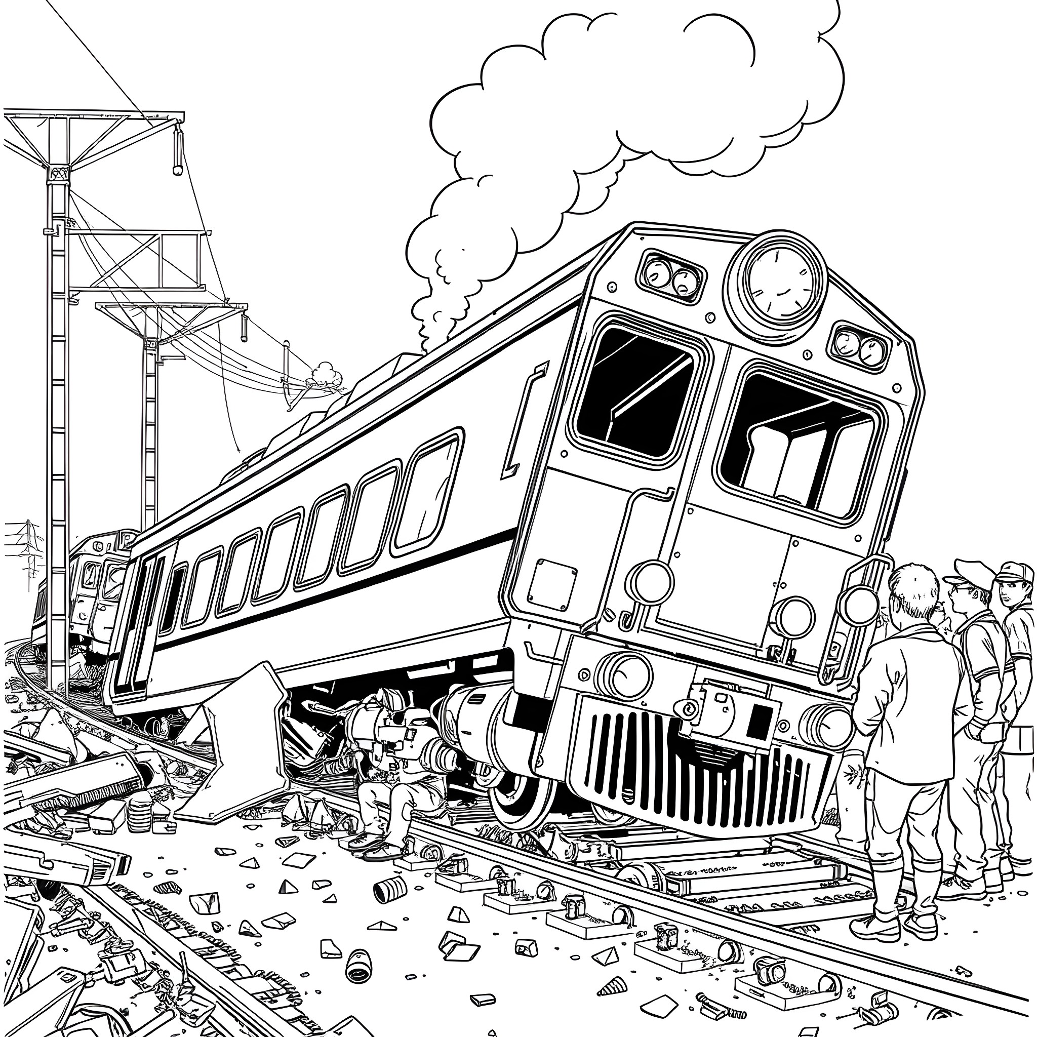 Train accident scene with damaged train and bystanders Coloring Page (free black-and-white line drawing printable PDF for all, from beginners to advanced learners, including children, teens, adults, and seniors)
