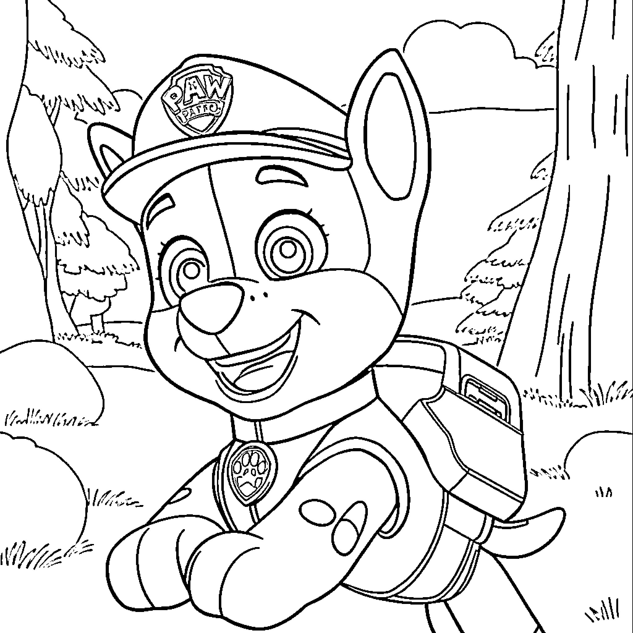 Chase the Paw Patrol Rescue Pup Coloring Page (free black-and-white line drawing printable PDF for all, from beginners to advanced learners, including children, teens, adults, and seniors)