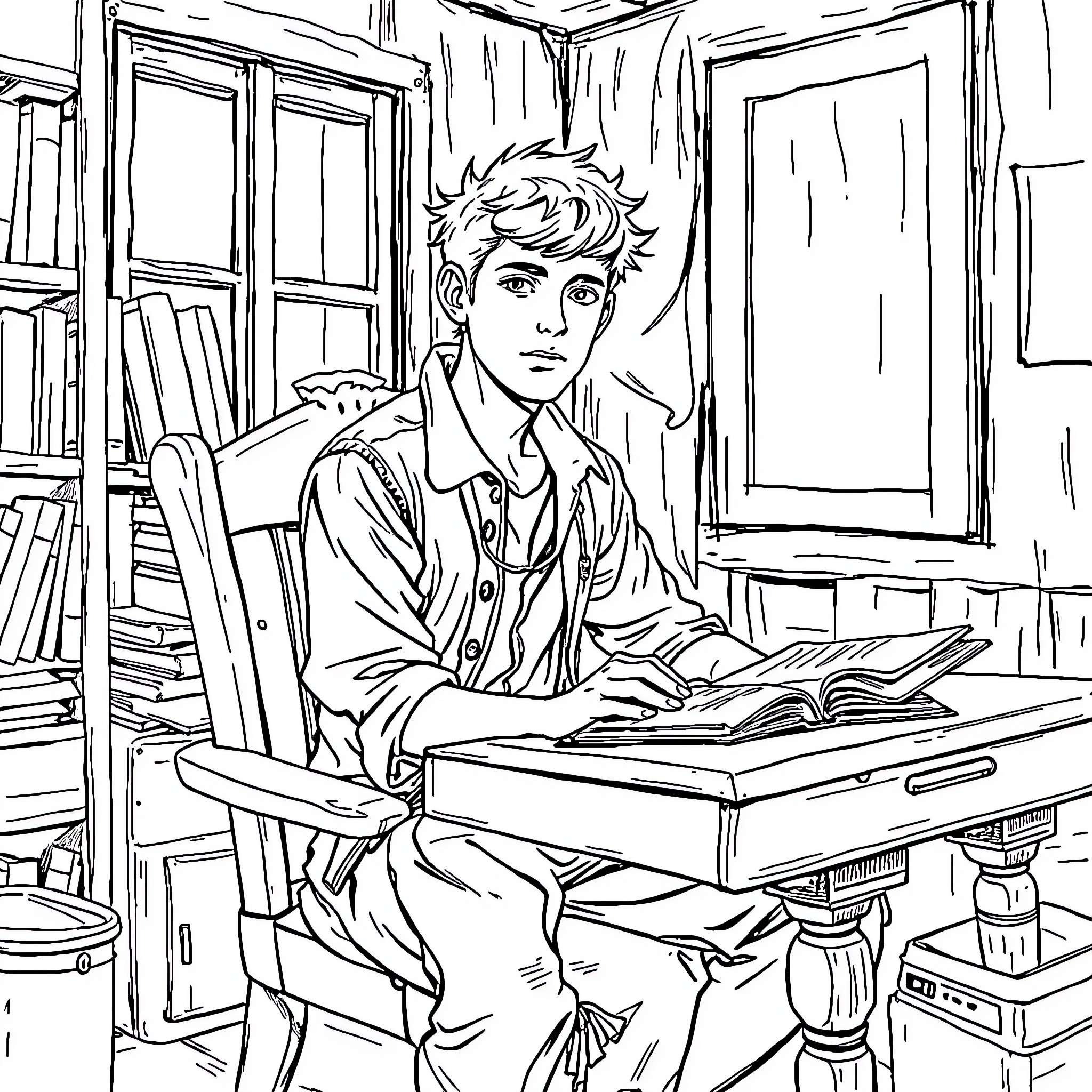 Joven estudiante leyendo un libro en la biblioteca Coloring Page (free black-and-white line drawing printable PDF for all, from beginners to advanced learners, including children, teens, adults, and seniors)