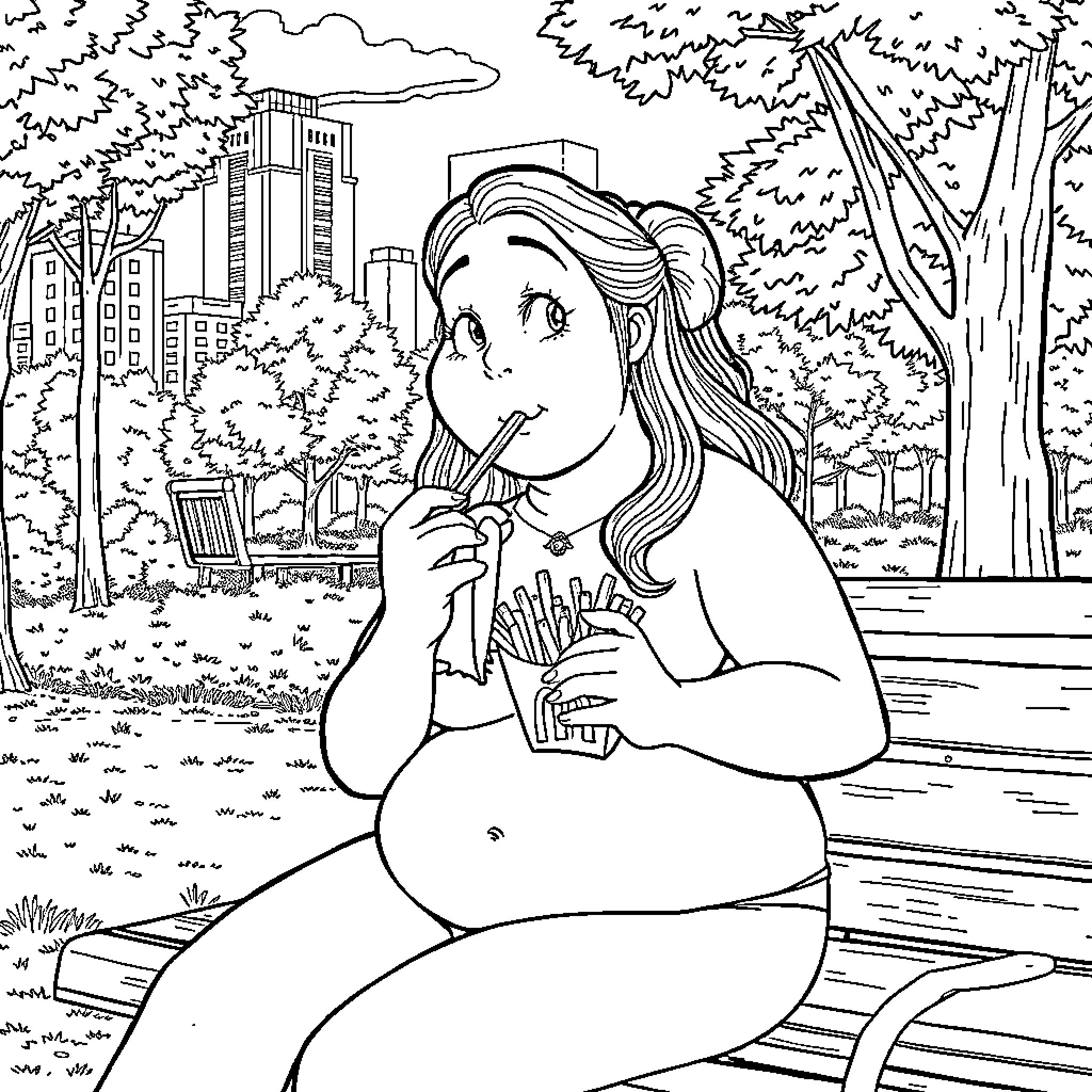 Girl enjoying ice cream in the city park Coloring Page (free black-and-white line drawing printable PDF for all, from beginners to advanced learners, including children, teens, adults, and seniors)