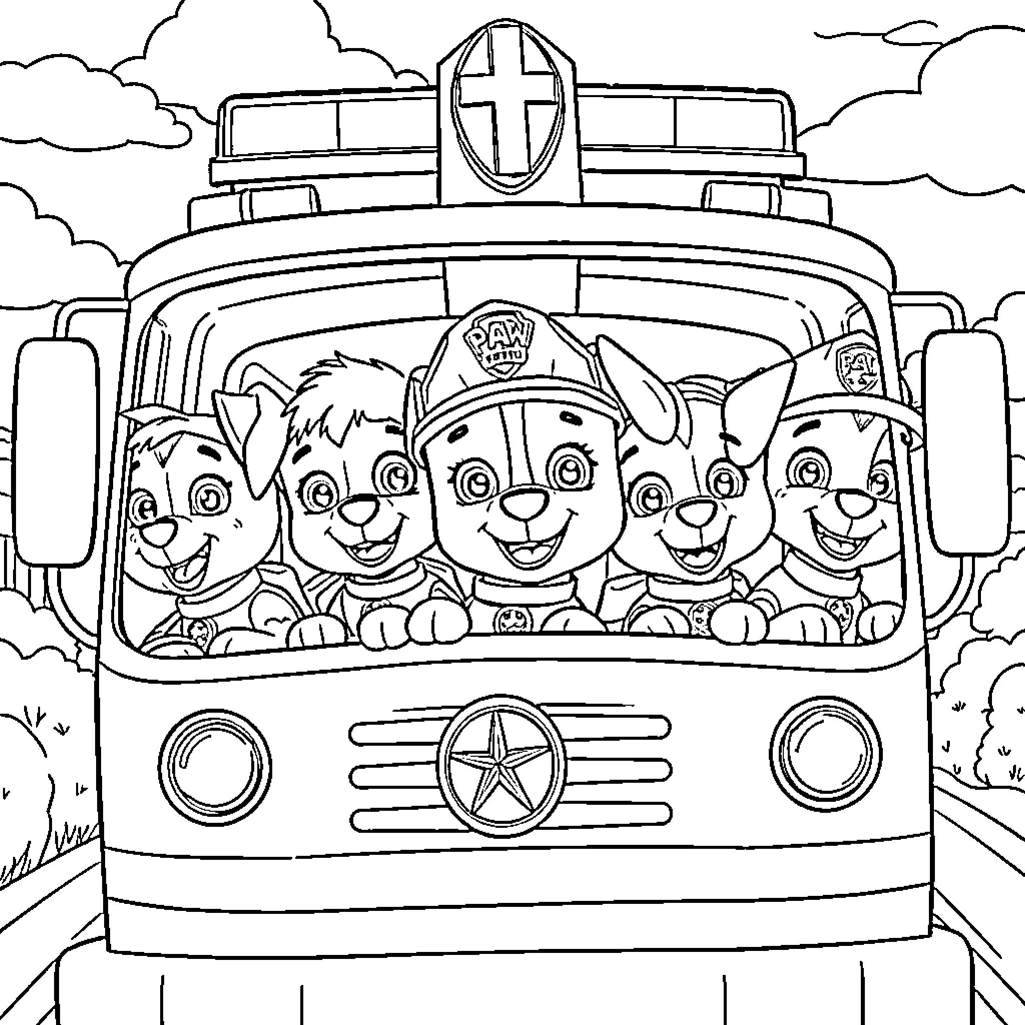 Paw Patrol characters on a rescue mission Coloring Page (free black-and-white line drawing printable PDF for all, from beginners to advanced learners, including children, teens, adults, and seniors)