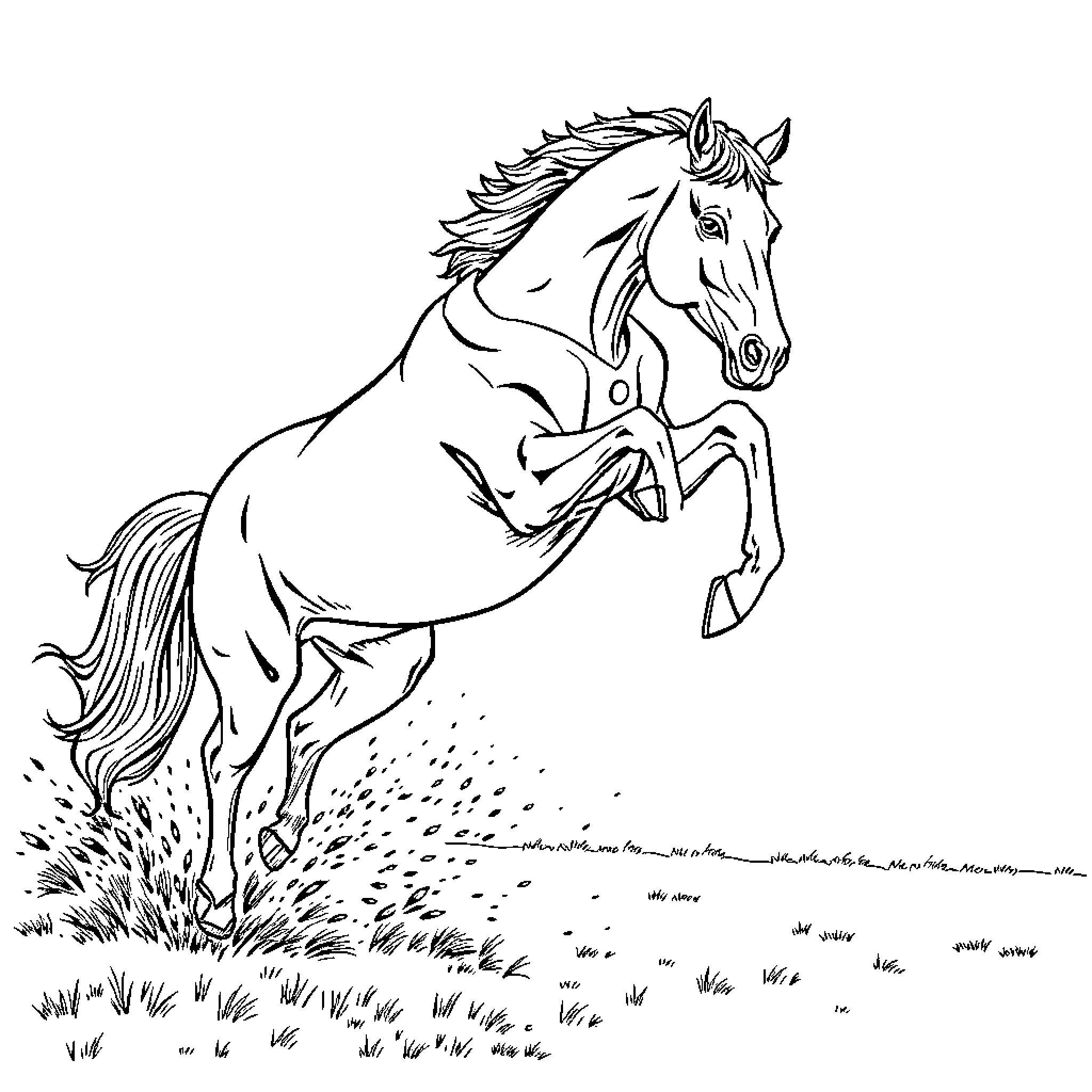 Quarter Horse rearing up in a field Coloring Page (free black-and-white line drawing printable PDF for all, from beginners to advanced learners, including children, teens, adults, and seniors)