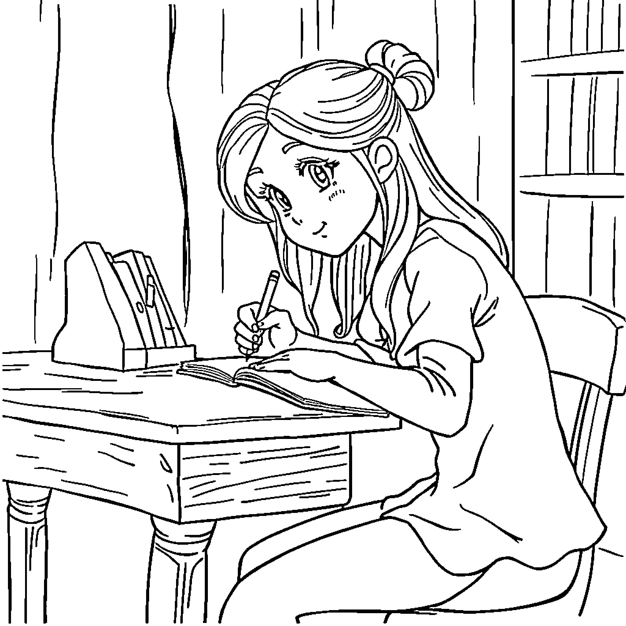 Skye studying intently at her desk Coloring Page (free black-and-white line drawing printable PDF for all, from beginners to advanced learners, including children, teens, adults, and seniors)