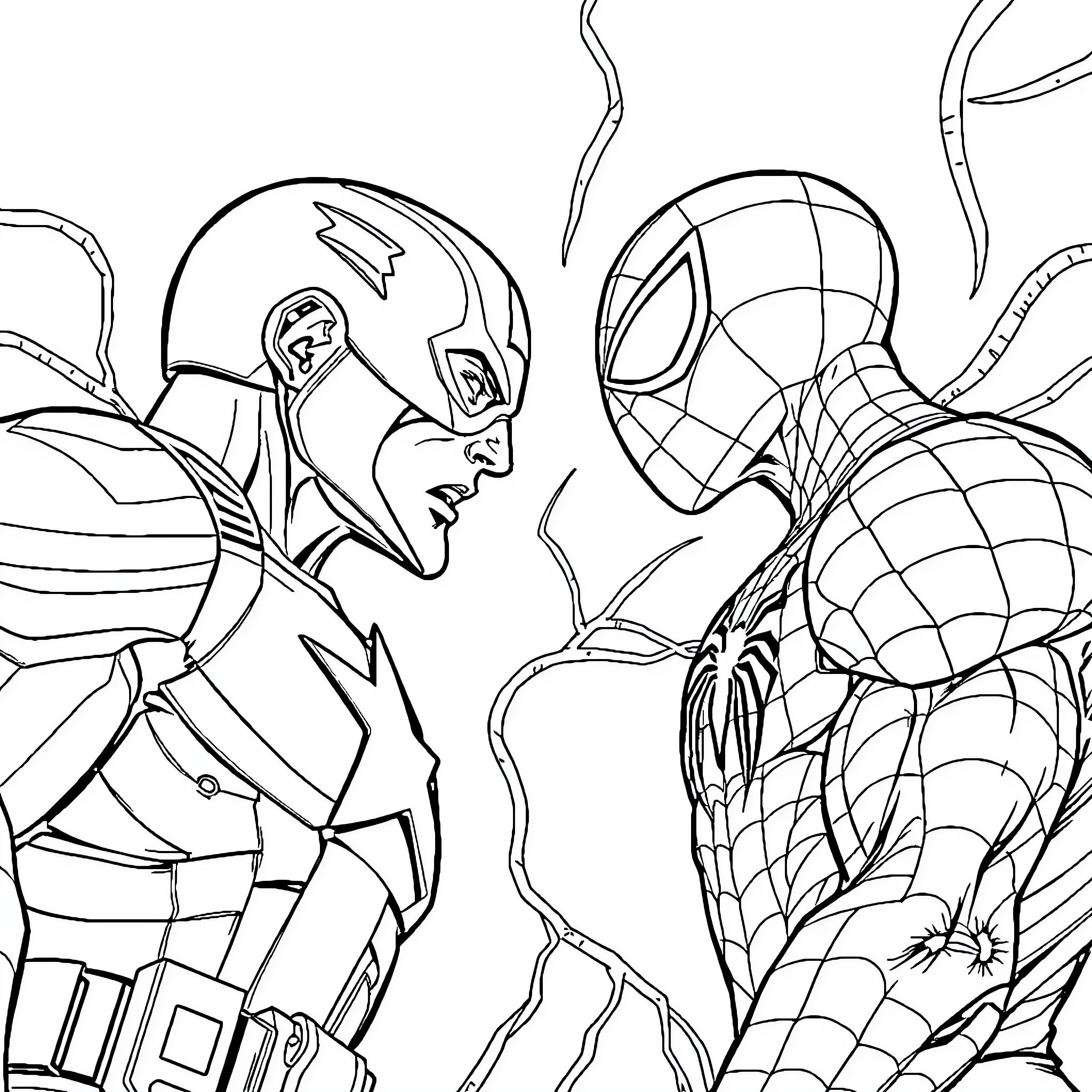 Captain America and Spider-Man in Dramatic Comic Book Scene Coloring Page (free black-and-white line drawing printable PDF for all, from beginners to advanced learners, including children, teens, adults, and seniors)