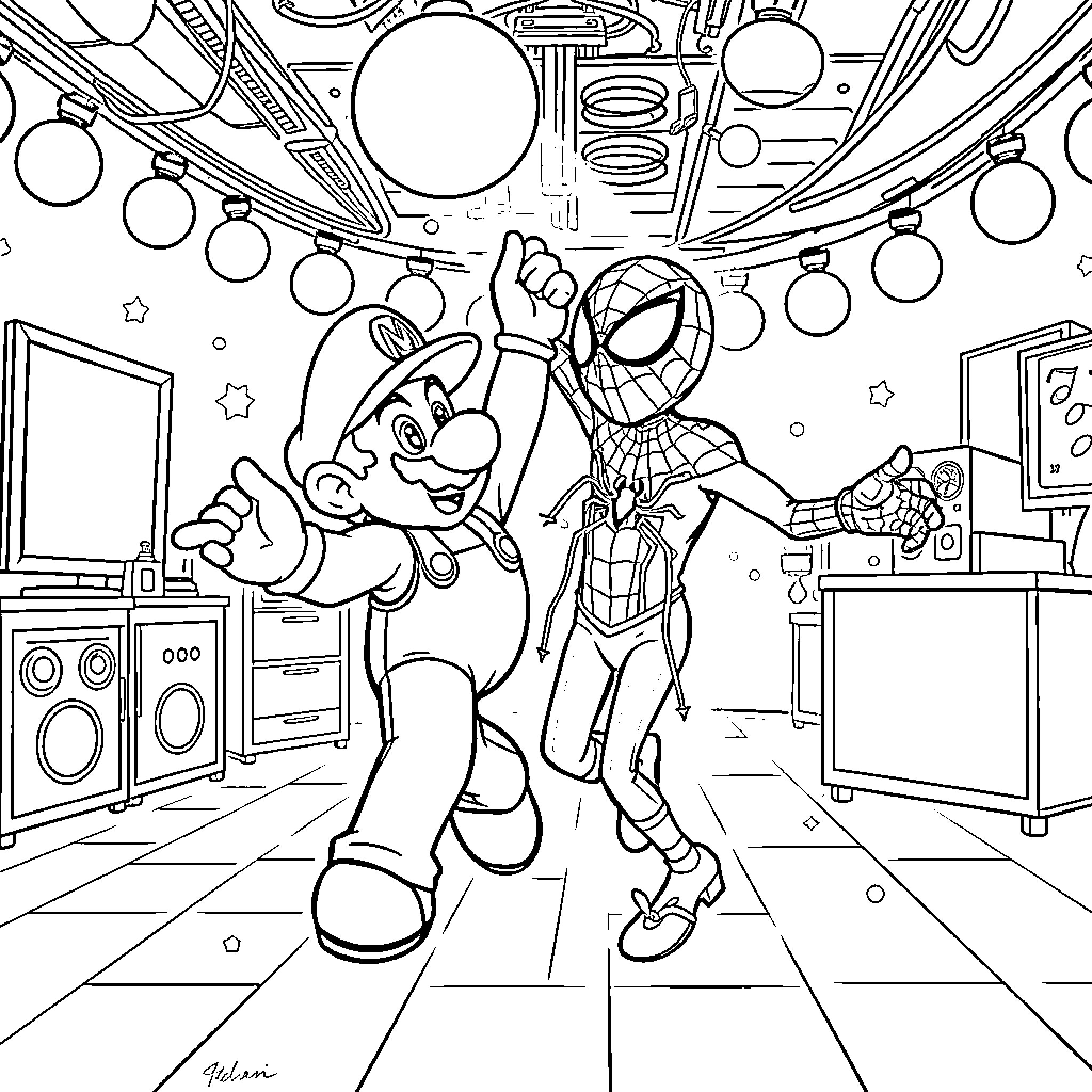 Super Mario and Spiderman's Playful Adventure Coloring Page (free black-and-white line drawing printable PDF for all, from beginners to advanced learners, including children, teens, adults, and seniors)