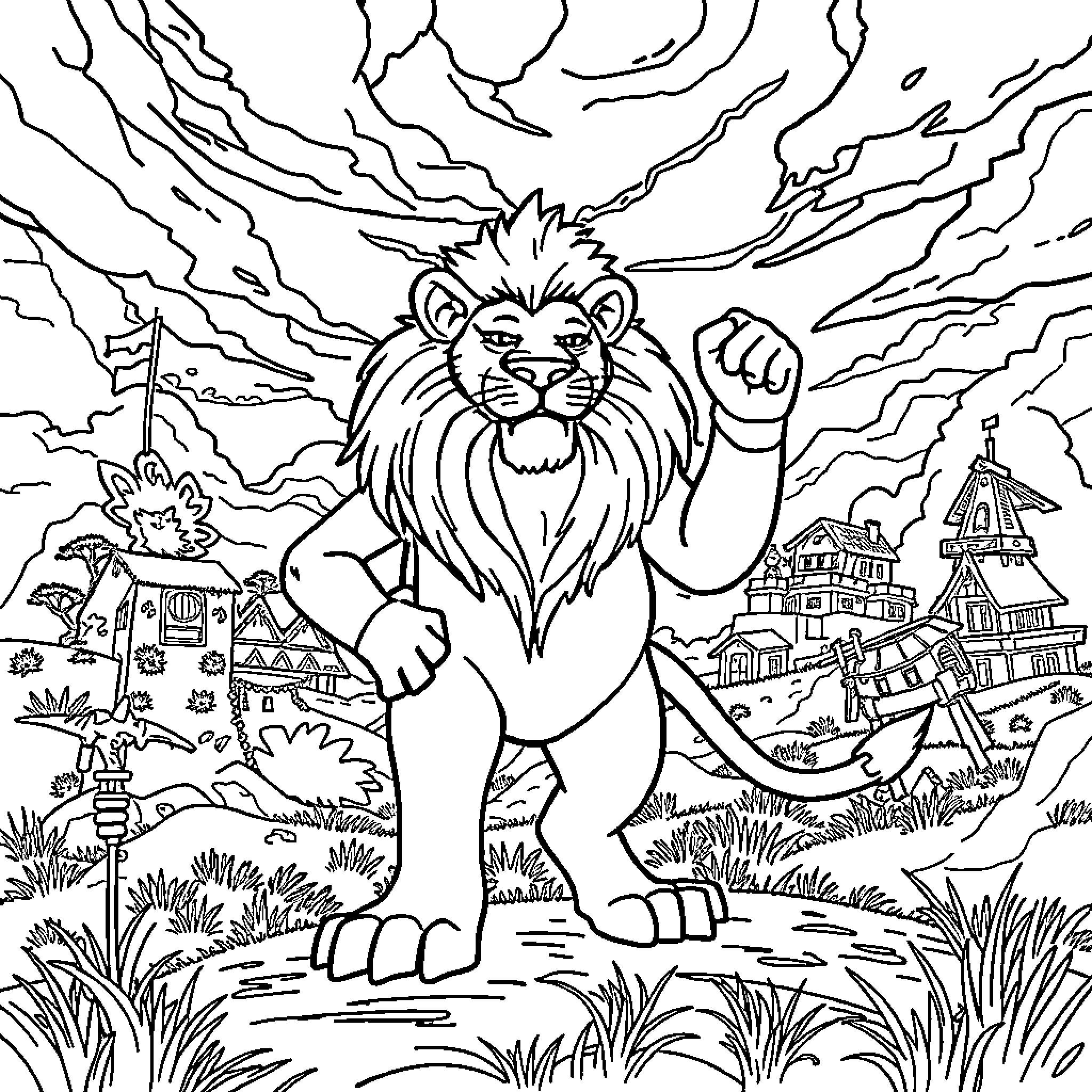 Lion Roaring Fiercely in a Fantastical Landscape Coloring Page (free black-and-white line drawing printable PDF for all, from beginners to advanced learners, including children, teens, adults, and seniors)