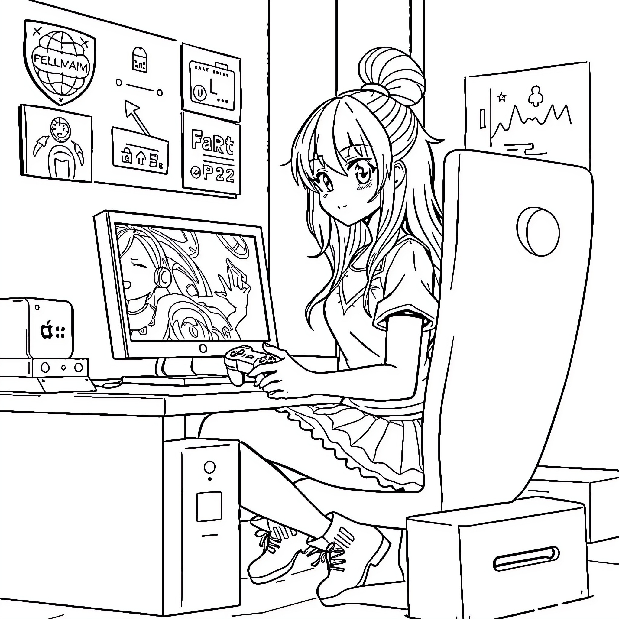 Egirl at her computer gaming station Coloring Page (free black-and-white line drawing printable PDF for all, from beginners to advanced learners, including children, teens, adults, and seniors)