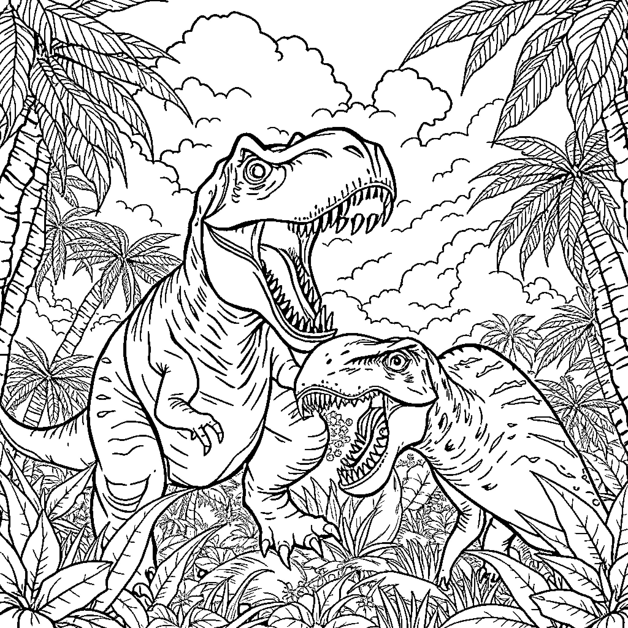 Dinosaur Roaring in Tropical Jungle Landscape Coloring Page (free black-and-white line drawing printable PDF for all, from beginners to advanced learners, including children, teens, adults, and seniors)
