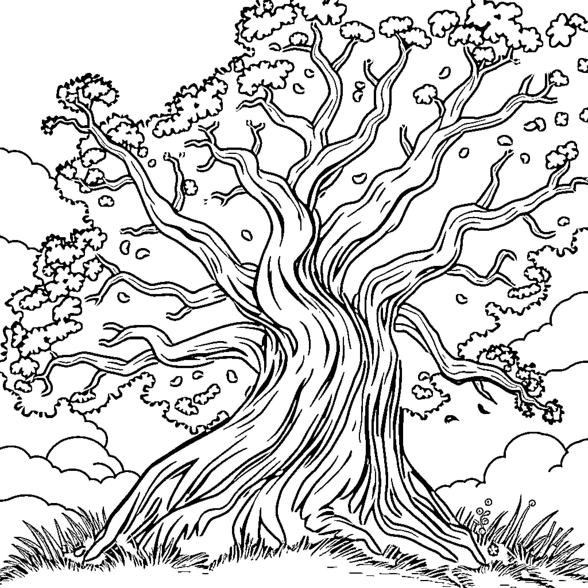 Tree with intricate branches in a natural landscape Coloring Page (free black-and-white line drawing printable PDF for all, from beginners to advanced learners, including children, teens, adults, and seniors)