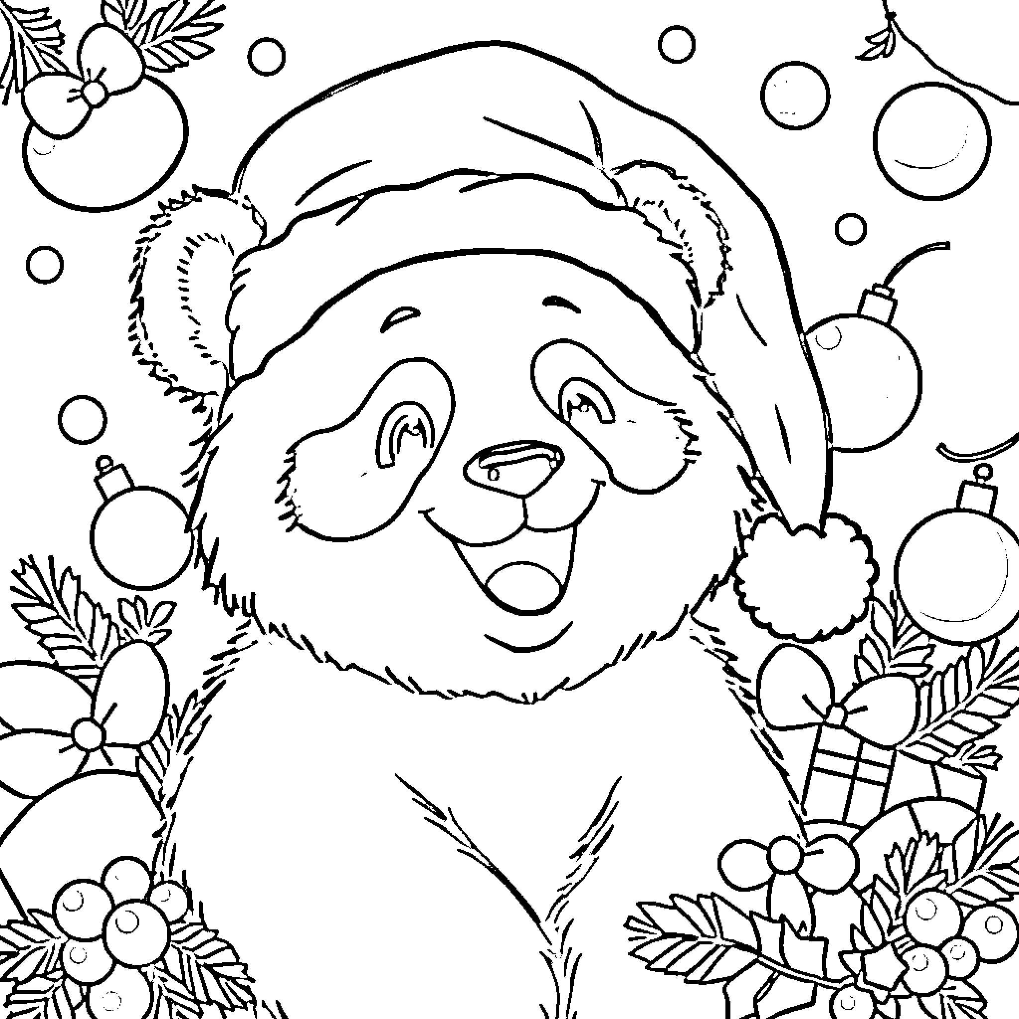 Panda playing joyfully amidst holiday decor Coloring Page (free black-and-white line drawing printable PDF for all, from beginners to advanced learners, including children, teens, adults, and seniors)