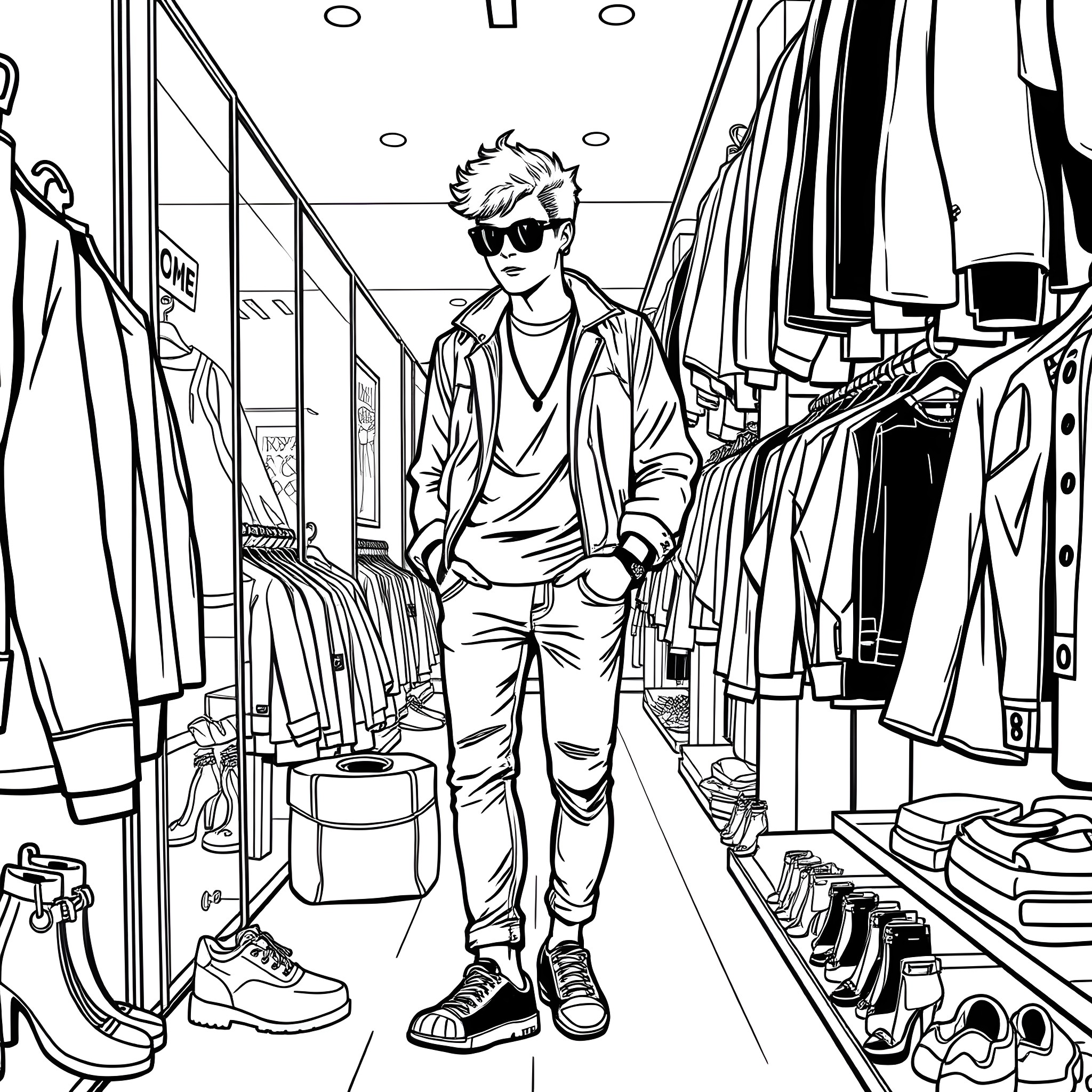Teen Guy Browsing Trendy Clothes at Clothing Store Coloring Page (free black-and-white line drawing printable PDF for all, from beginners to advanced learners, including children, teens, adults, and seniors)