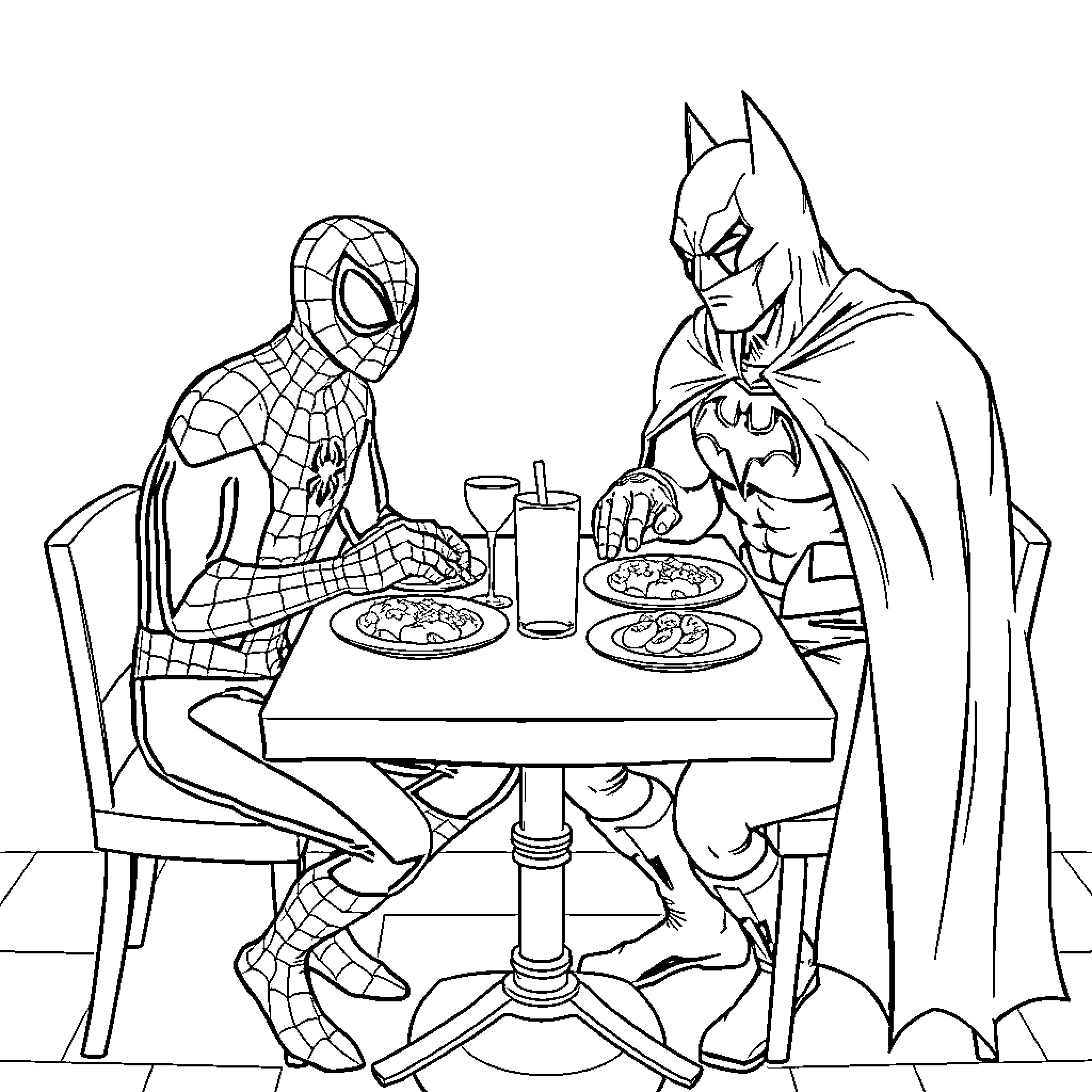 Spiderman and Batman enjoying a meal together Coloring Page (free black-and-white line drawing printable PDF for all, from beginners to advanced learners, including children, teens, adults, and seniors)