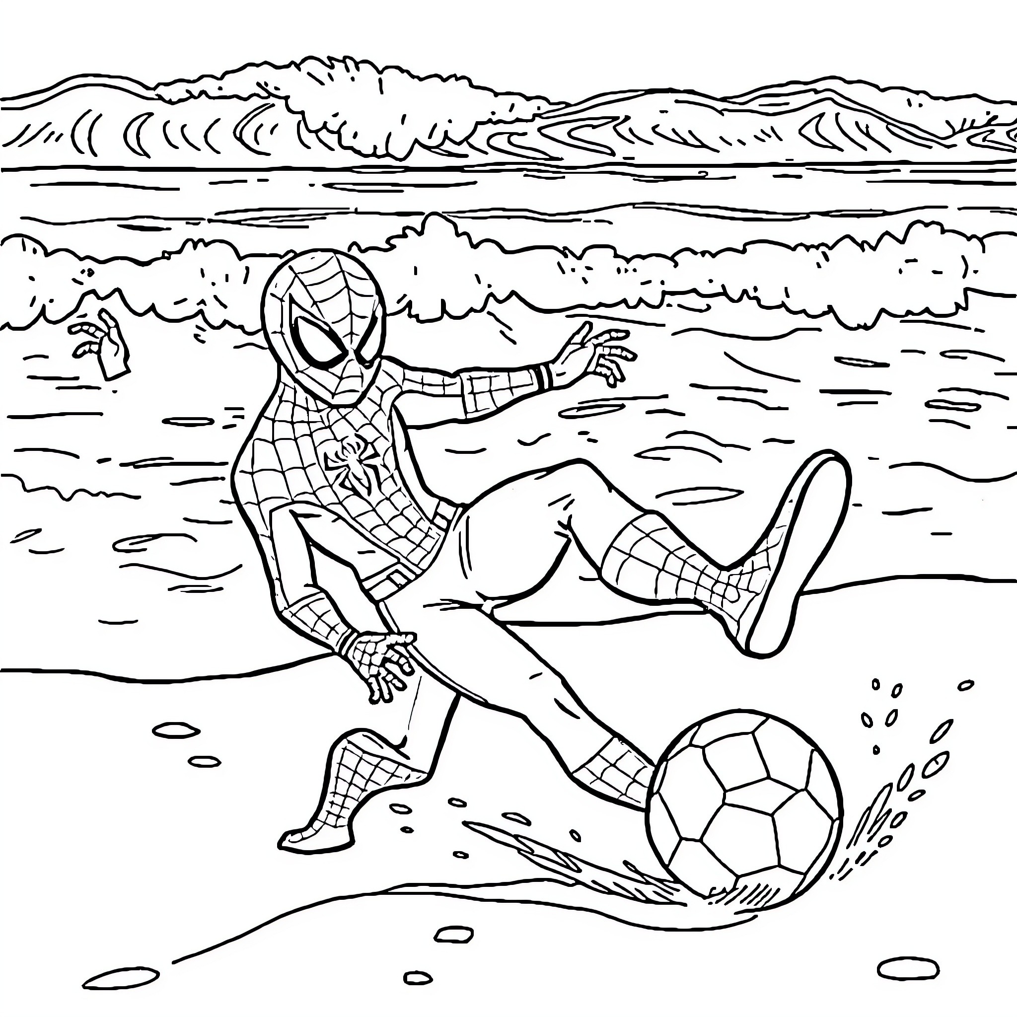 Spiderman playing with a soccer ball on the beach Coloring Page (free black-and-white line drawing printable PDF for all, from beginners to advanced learners, including children, teens, adults, and seniors)