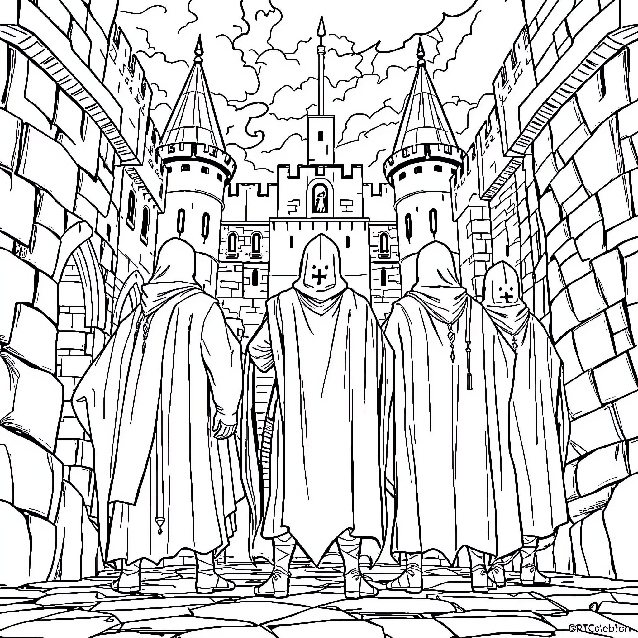 Templar Knights Guarding the Fortress Coloring Page (free black-and-white line drawing printable PDF for all, from beginners to advanced learners, including children, teens, adults, and seniors)