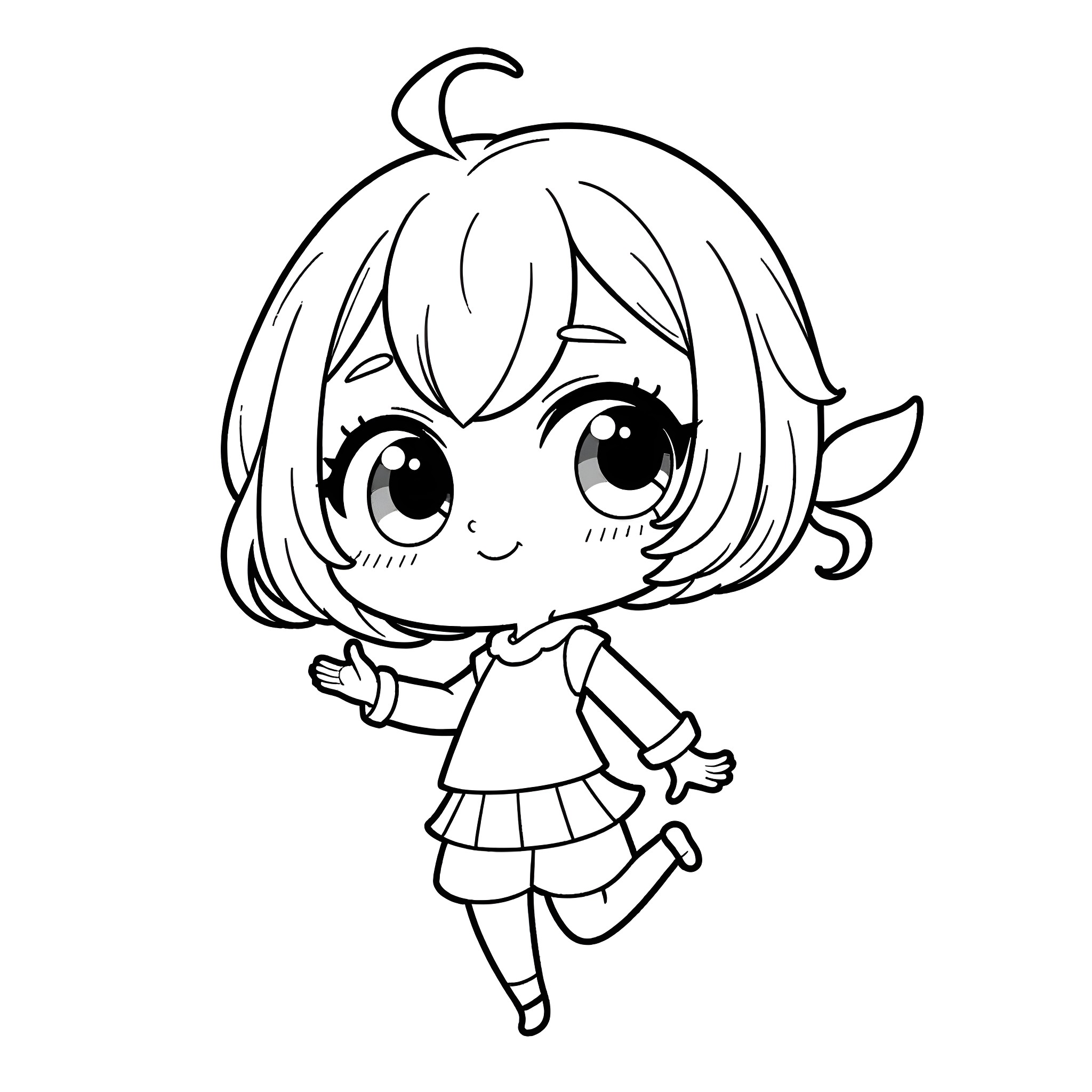 Anime Girl in Cheerful Pose Coloring Page (free black-and-white line drawing printable PDF for all, from beginners to advanced learners, including children, teens, adults, and seniors)